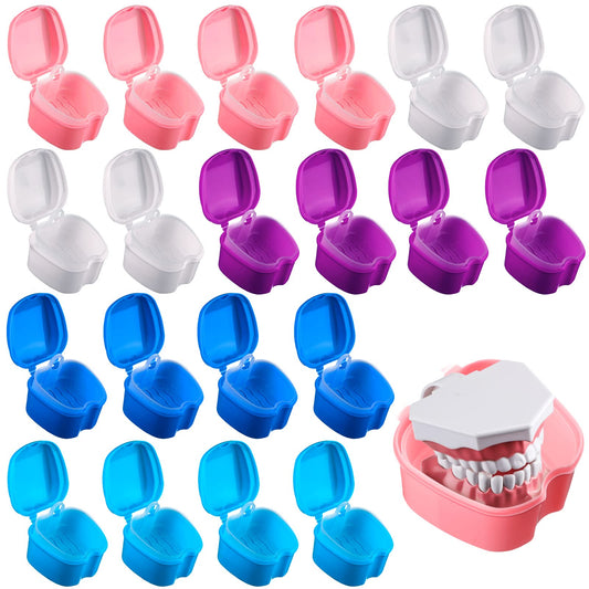 Zubebe 20 Pcs Denture Bath Retainer Case Holder Bulk with Strainer Basket Dental Cup Denture Soaking Container False Teeth Storage Box for Travel Cleaning Mouth Guard, 5 Colors