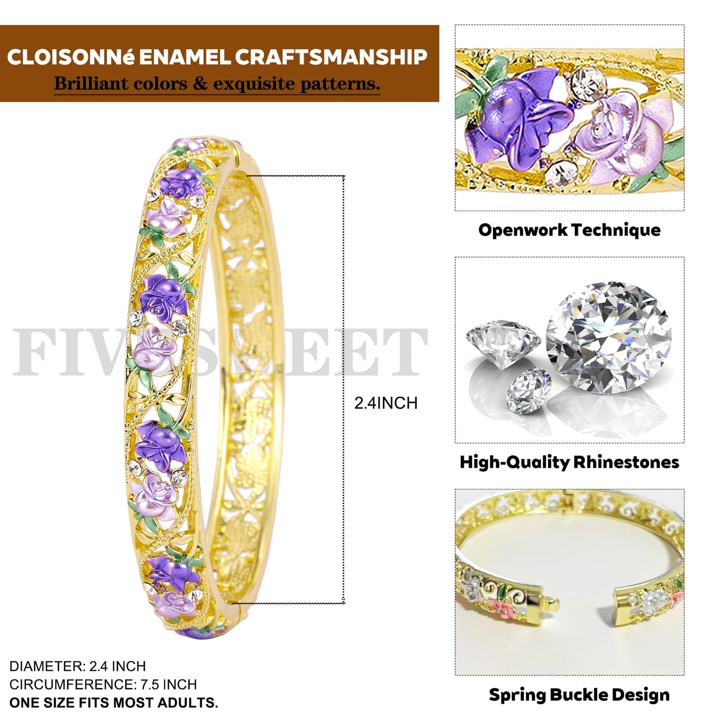 FIVESWEET Trendy 18K Gold Plated Bangle Bracelets Set for Women, Enamel Craft Jewelry-Floral Element , Retro Fashion Palace Style, Zinc Alloy with Rhinestones, 2.4Inch Diameter Fits Most Adults, Perfect Jewelry Gift Idea for Her, Girlfriend, Wife, Mom, Si