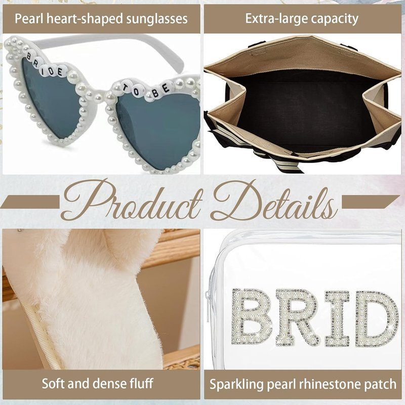 Bridal Shower Gifts Set - 5-Piece Bride Bag, Cosmetic Bag, Sunglasses & Slippers | Perfect for Weddings & Bachelorette Parties