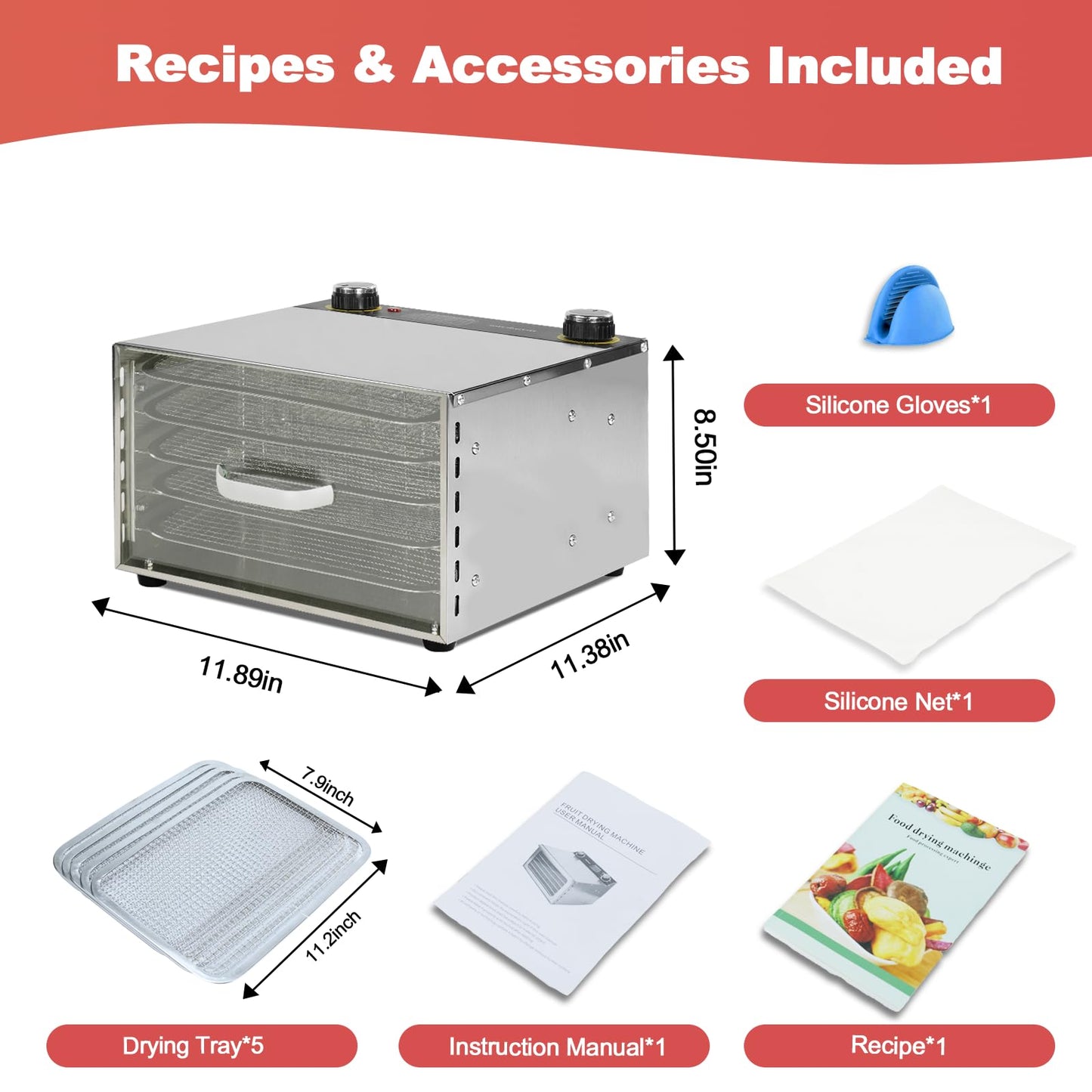 Food Dehydrator - 5 Stainless Steel Trays Dryer Machine with 194℉ Temperature Control & Adjustable Timer, 400W Meat Dehydrator for Jerky, Fruit, Veggies, Dog Treats, 50 Recipes Book Included