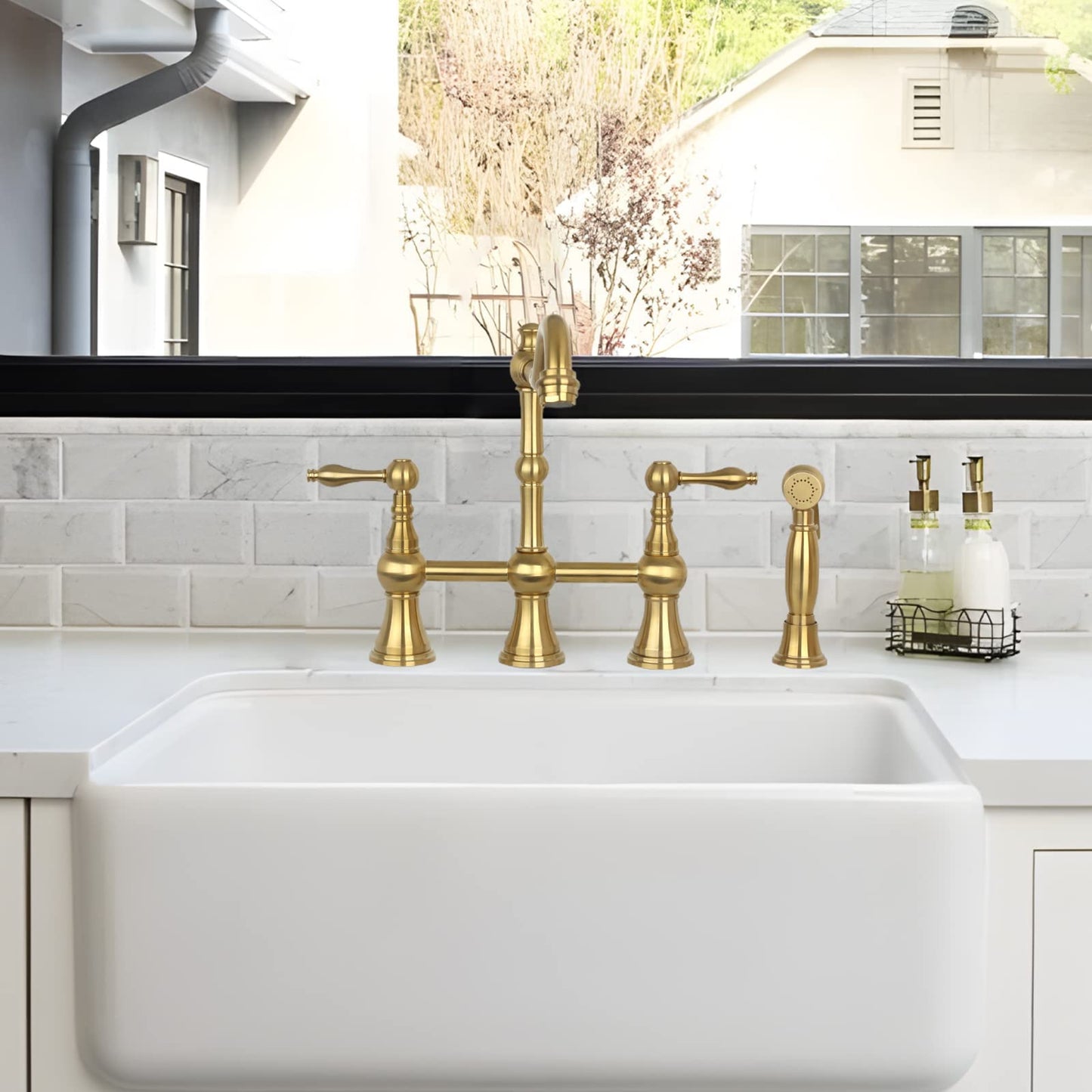 Akicon Two-Handles Bridge Kitchen Faucet with Side Sprayer (Brushed Gold)
