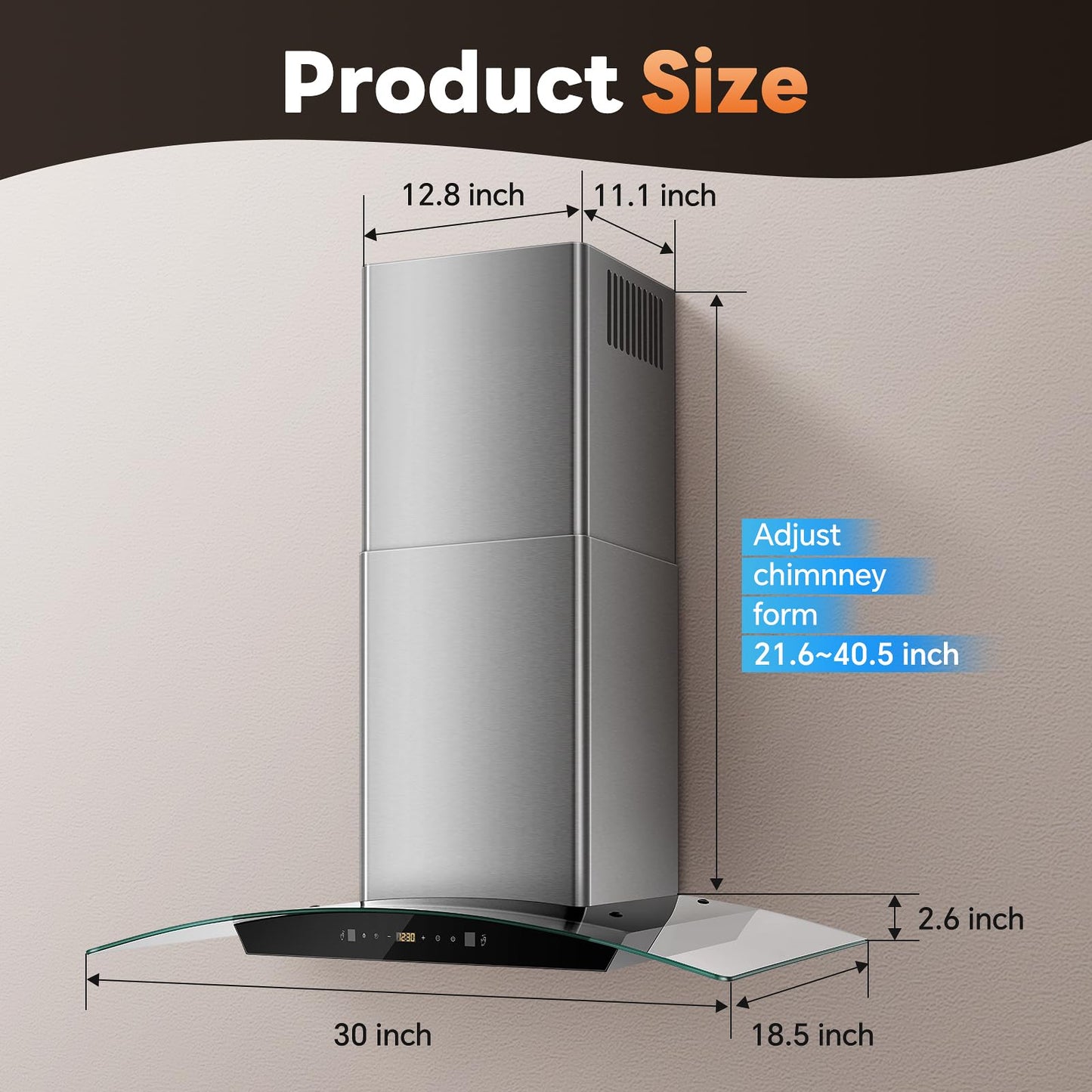Range Hood 30 Inch, Tieasy Wall Mount Kitchen Hood with Ducted/Ductless Convertible Duct, Stainless Steel Chimney and Baffle Filters, Touch Control Fan Timer, LED Lights, 3 Speed Fan