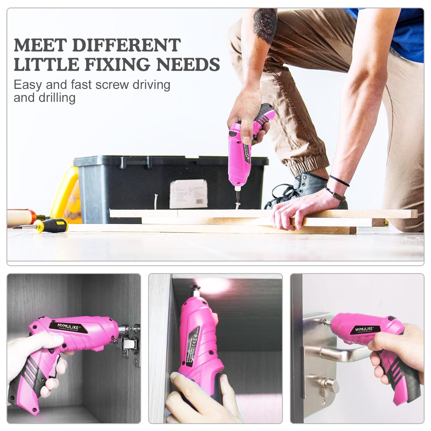 MYMULIKE Cordless Electric Screwdriver, 3.6V Rechargeable Power Screwdriver with 47 pcs Accessories, usb charging, 3Nm Screw Gun, mini Carrying screwdriver set with LED Light Electric Power Drill Set