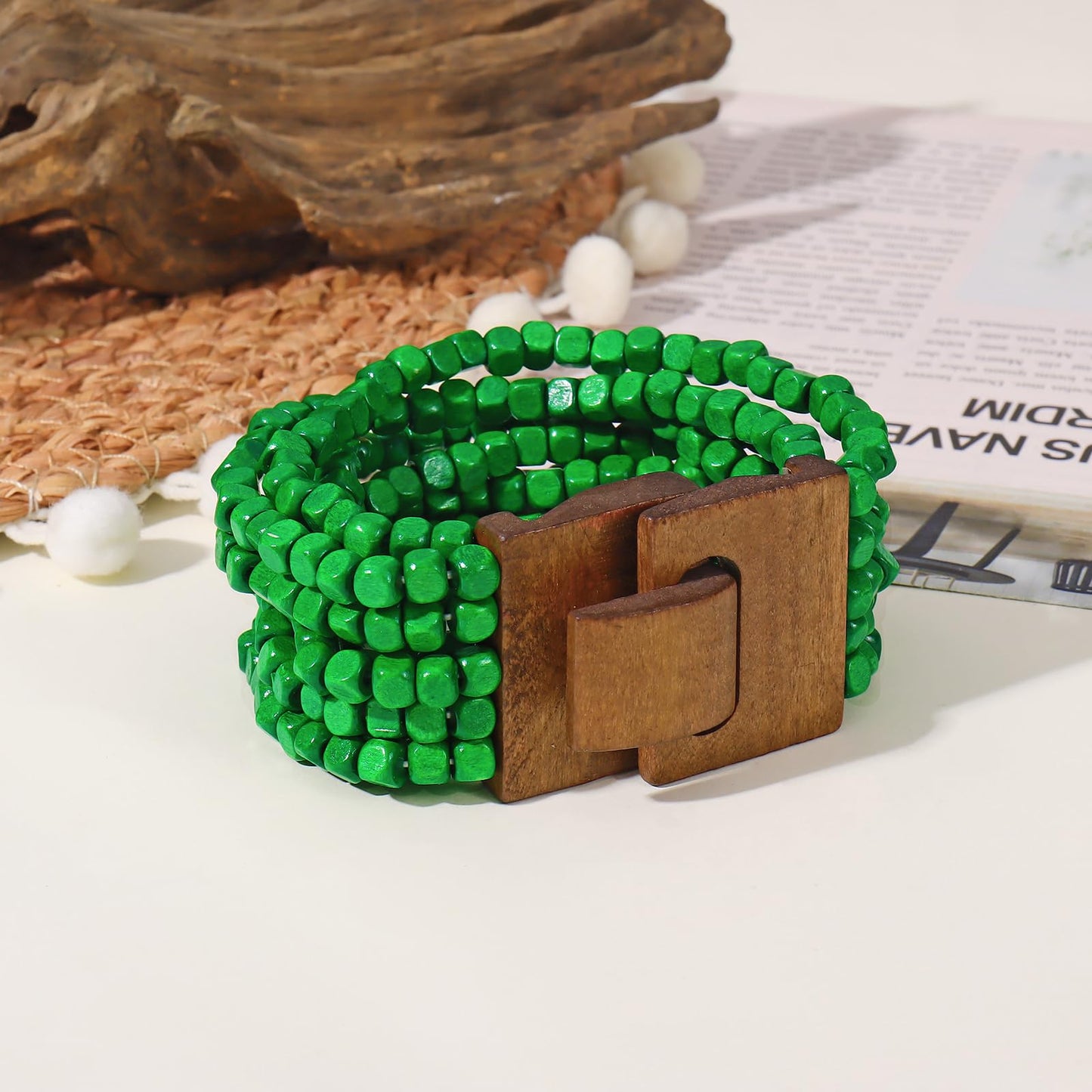 Coiris Boho Bangle Bracelets for Women Wooden Beaded Bracelets Chunky Bohemian Beach Bracelets Jewelry for Women(BR1235-Green)