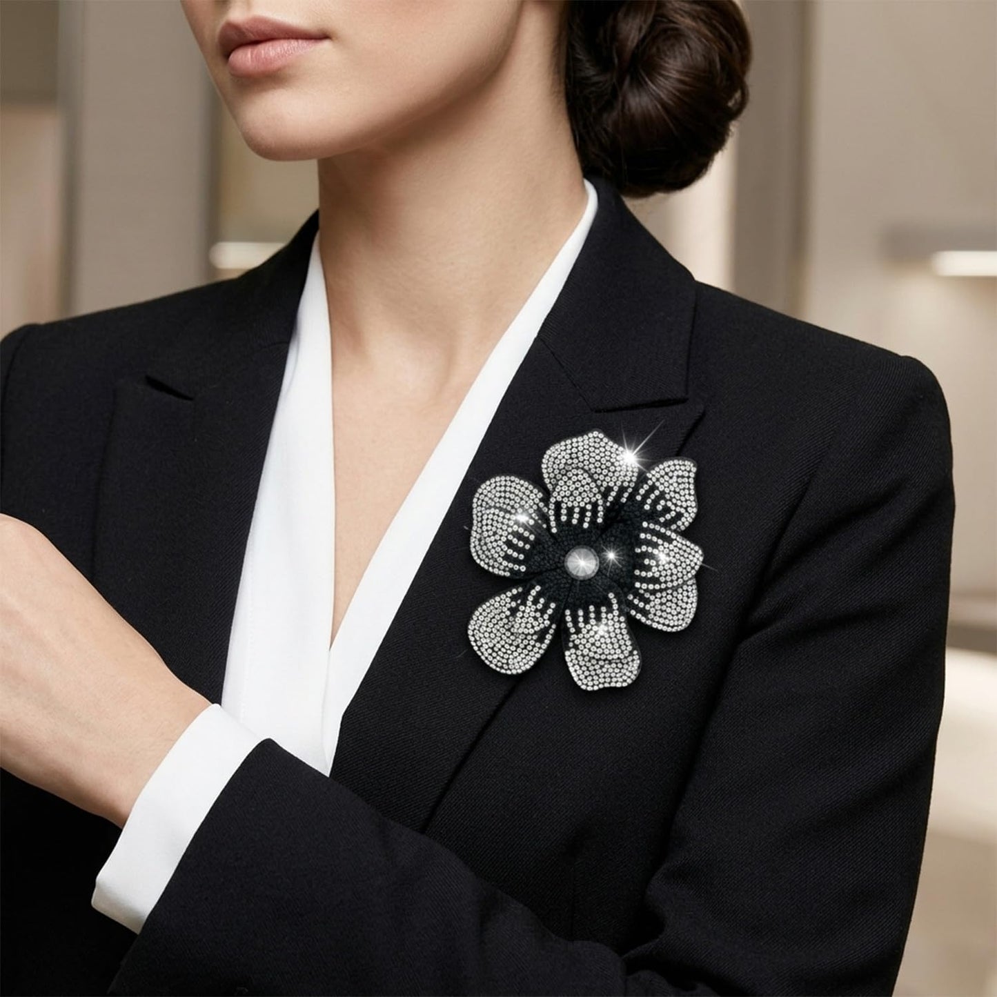 3.74 Inch Rhinestone Camellia Flower Hair Clips | Fashion Accessories Hair Clip | Lapel Pin for Parties & Wedding Events - Stylish Black & White Brooch for Women