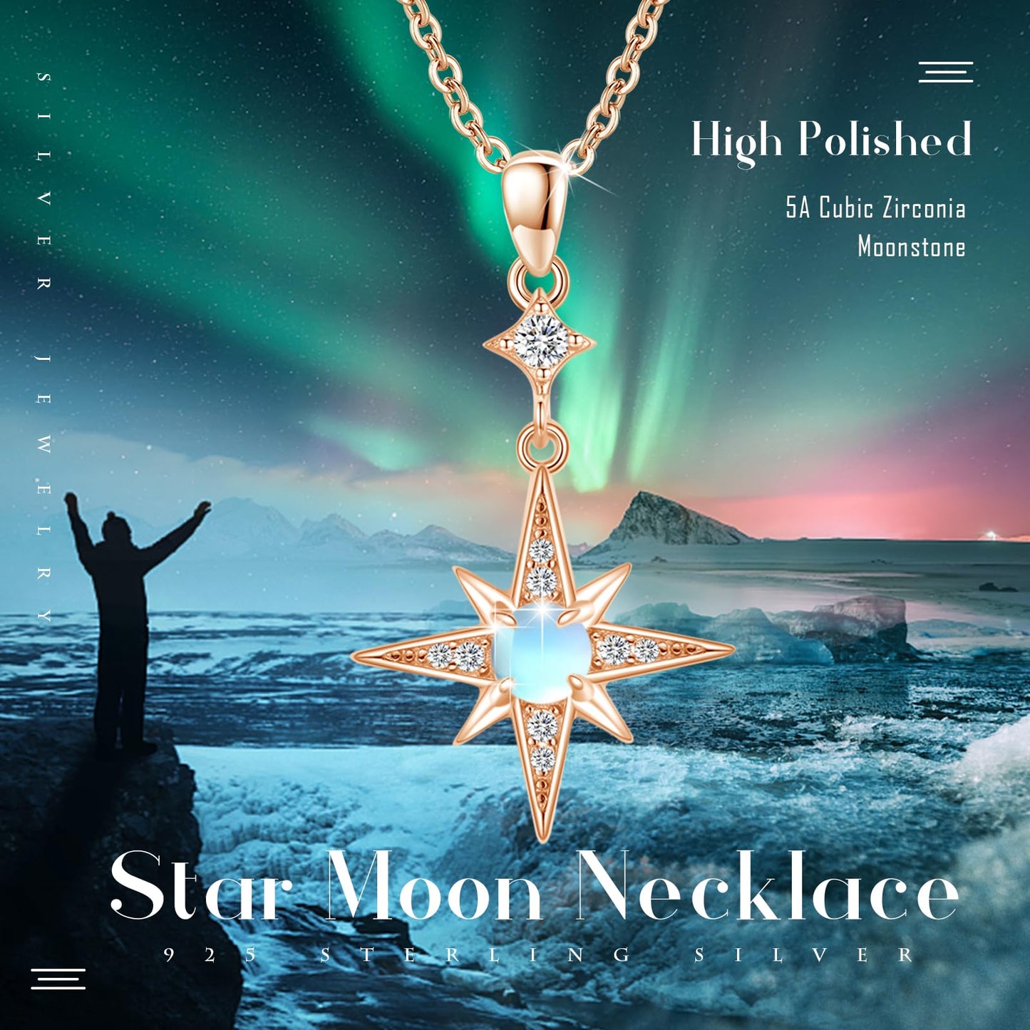 Silikepa Star Necklace for Women 925 Sterling Silver Rose Gold North Star Pendant Necklace with Moonstone Jewelry Gift for Women