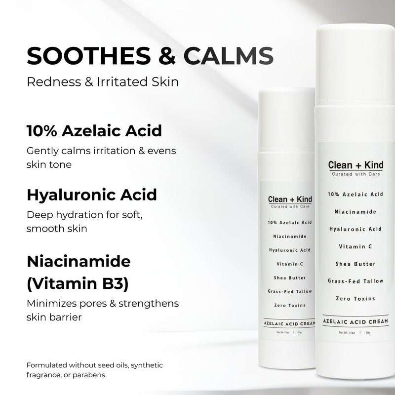 Clean + Kind Azelaic Acid 10% Face Cream with Niacinamide, Vitamin C & Hyaluronic Acid – Soothing Korean Skincare for Uneven, Blemish-Prone Skin with Shea Butter & Grass-Fed Tallow