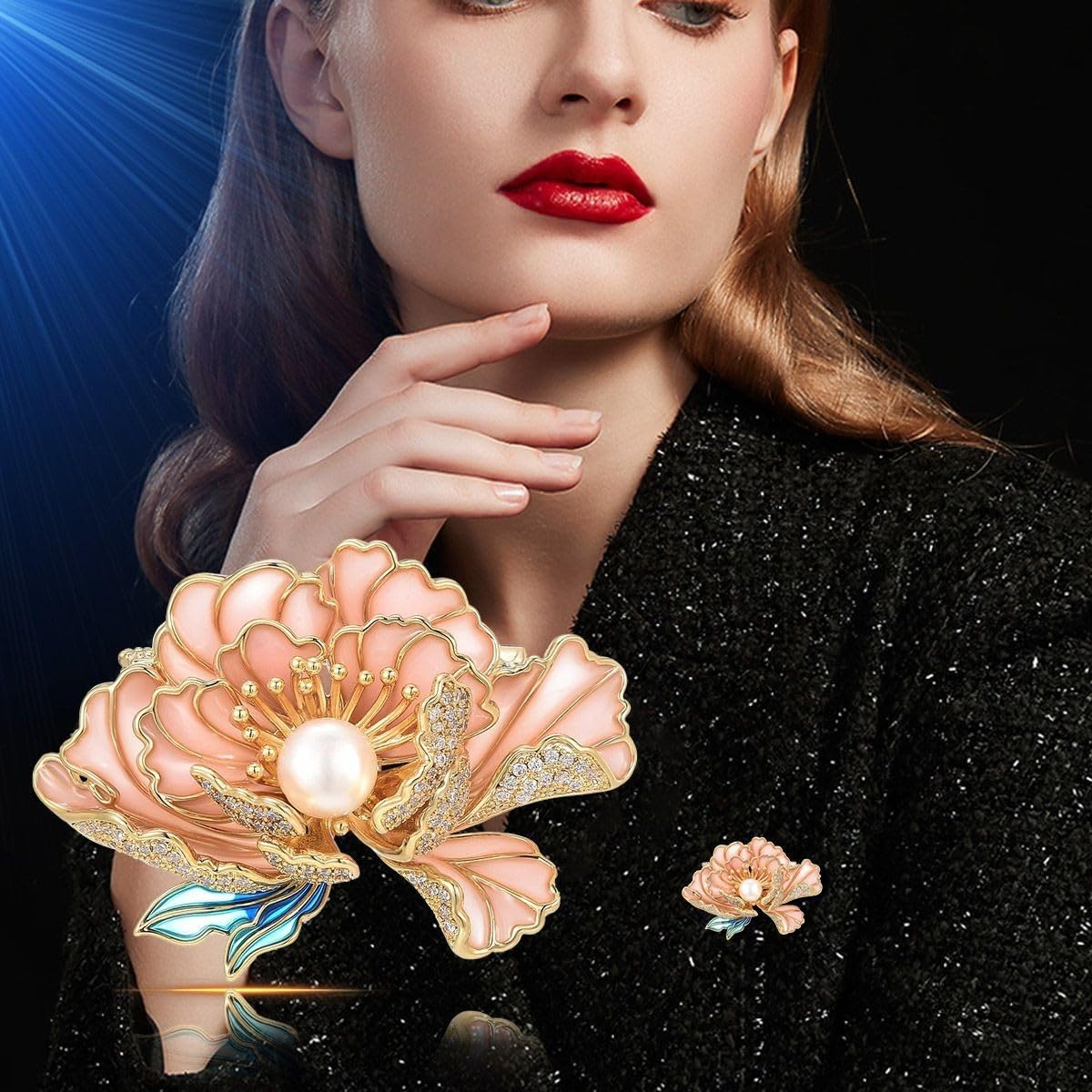 UNVAK Enamel Peony Flower Brooch Pin - 18k Gold Plated Pearl Lapel Pin Jewelry - Thanksgiving Day Birthday Gifts Dress Accessories for Mom Wife