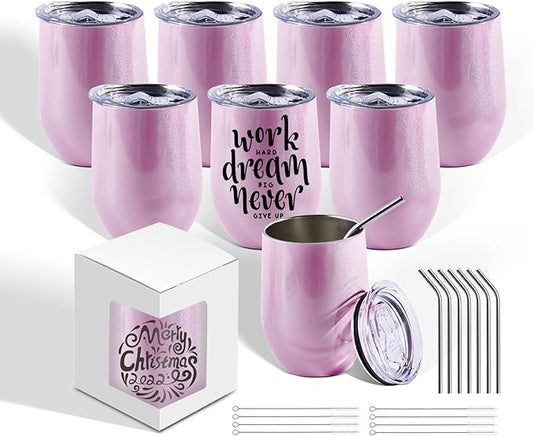 BetterSub 8 Pack 12oz Glitter Pink Wine Tumblers - Double Wall Insulated Sublimation Blanks, Stainless Steel Cups With Lid, Metal Straw, Brush, Display Box (Glitter Pink)