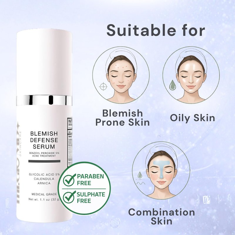 mi.Glo Blemish Defense Clarifying Facial Serum 1.1 oz with Glycolic Acid 5%, Allantoin | Lightweight Daily Face Serum for Oily & Blemish-Prone Skin | Oil Balancing Skincare