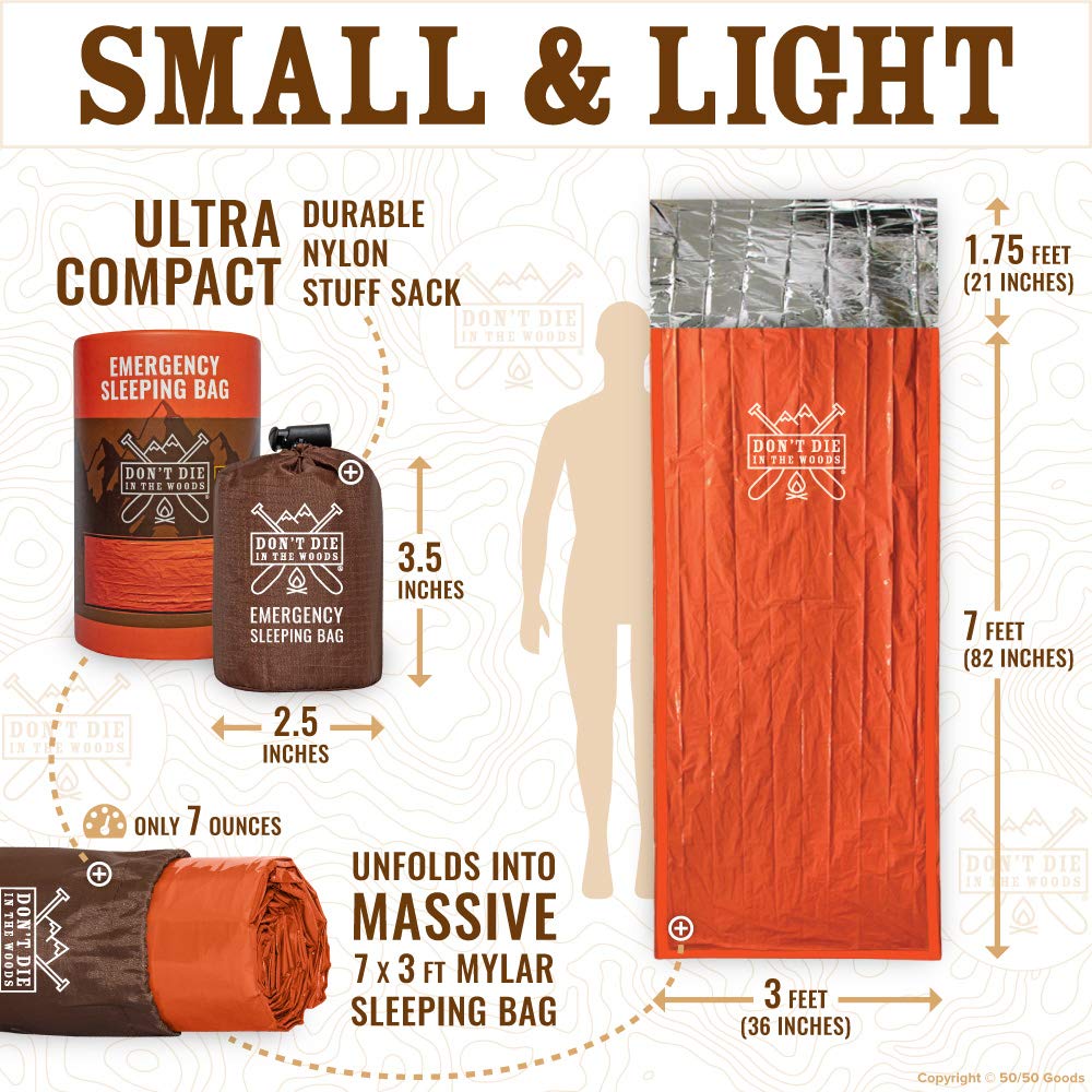 Don’t Die in The Woods - Emergency Sleeping Bag with Hood - Made with Extra Thick Thermal Mylar - Hiking Camping Blanket Survival Gear Essentials Tactical Car Disaster First Aid Kit (Orange)