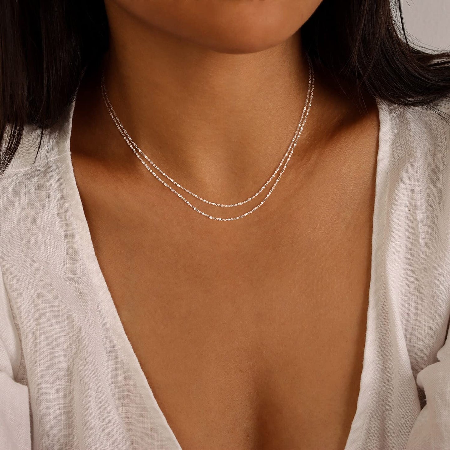 MBW Layered Necklaces for Women, Dainty Silver Plated Square Dot Choker Necklaces for Women Trendy Simple Silver Herringbone Thin Snake Chain Satellite Choker Necklace Silver Jewelry for Women
