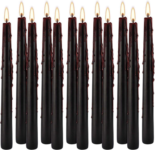 12PCS 10-Inch Black Bleeding Taper Candles,Vampire Tears Taper Candles- Unscented Candle Pack Ideal for Halloween, Christmas, Rituals, and Themed Party Decor.