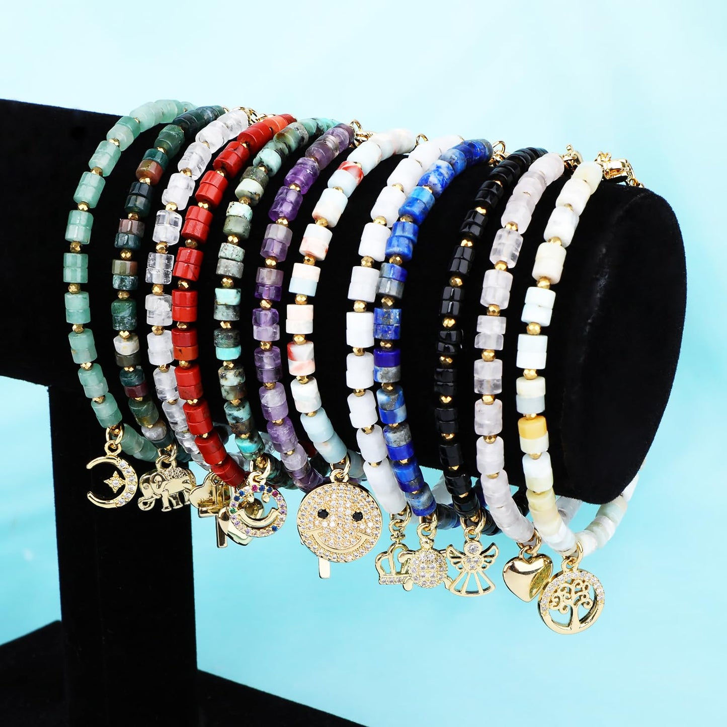 Natural Gemstone Healing Crystal African Turquoise Dainty Charms Happy face Bracelet Adjustable Chain Extender Minimalist Jewelry