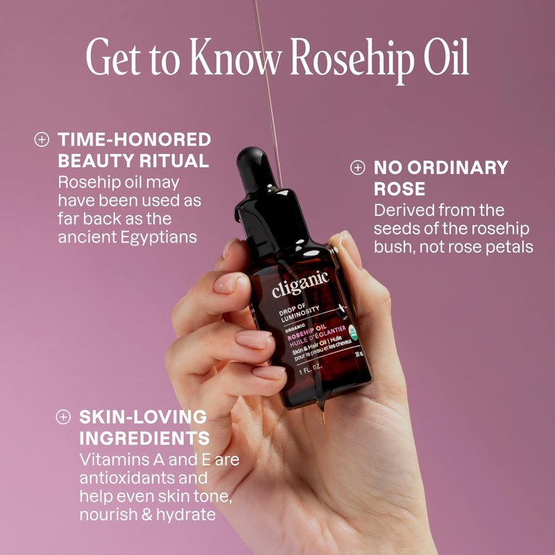 Cliganic Organic Rosehip Seed Oil for Face, 100% Pure | Natural Cold Pressed Unrefined Non-GMO | Carrier Oil for Skin, Hair & Nails (Packaging May Vary)