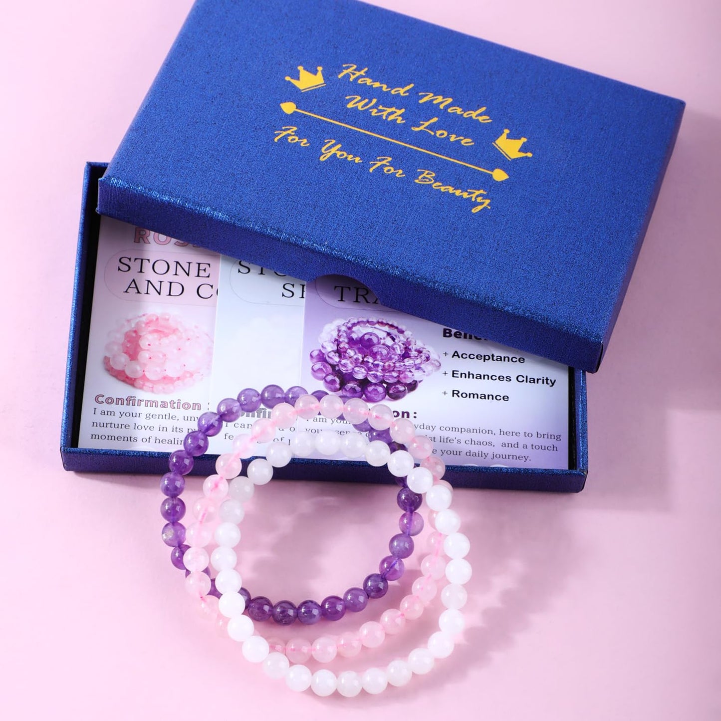 CMBYN 3-Pieces 6mm Natural Crystal Gemstone – ﻿Amethyst, Pink Quartz, White Jade Handmade Reiki Energy Healing Stretch Bracelets Jewelry for Yoga, Meditation, Unisex