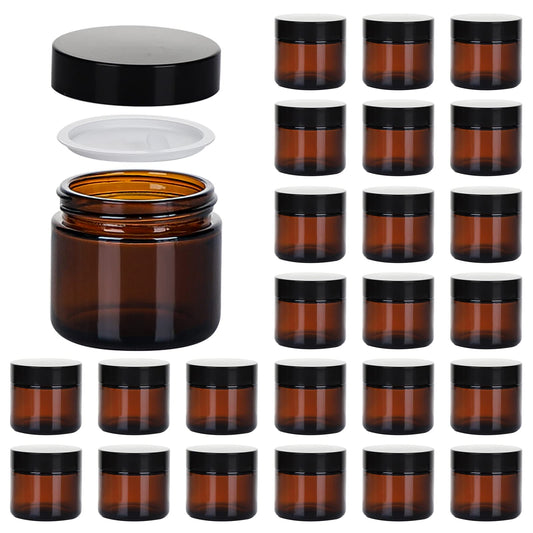 2oz Jars with Lids, Hoa Kinh 24 Pack Amber Glass Jars with Lids Empty Cosmetic Containers Round Airtight Glass Jar with Inner Liners and black Lid for Storing Lotions, Powders, and Ointments