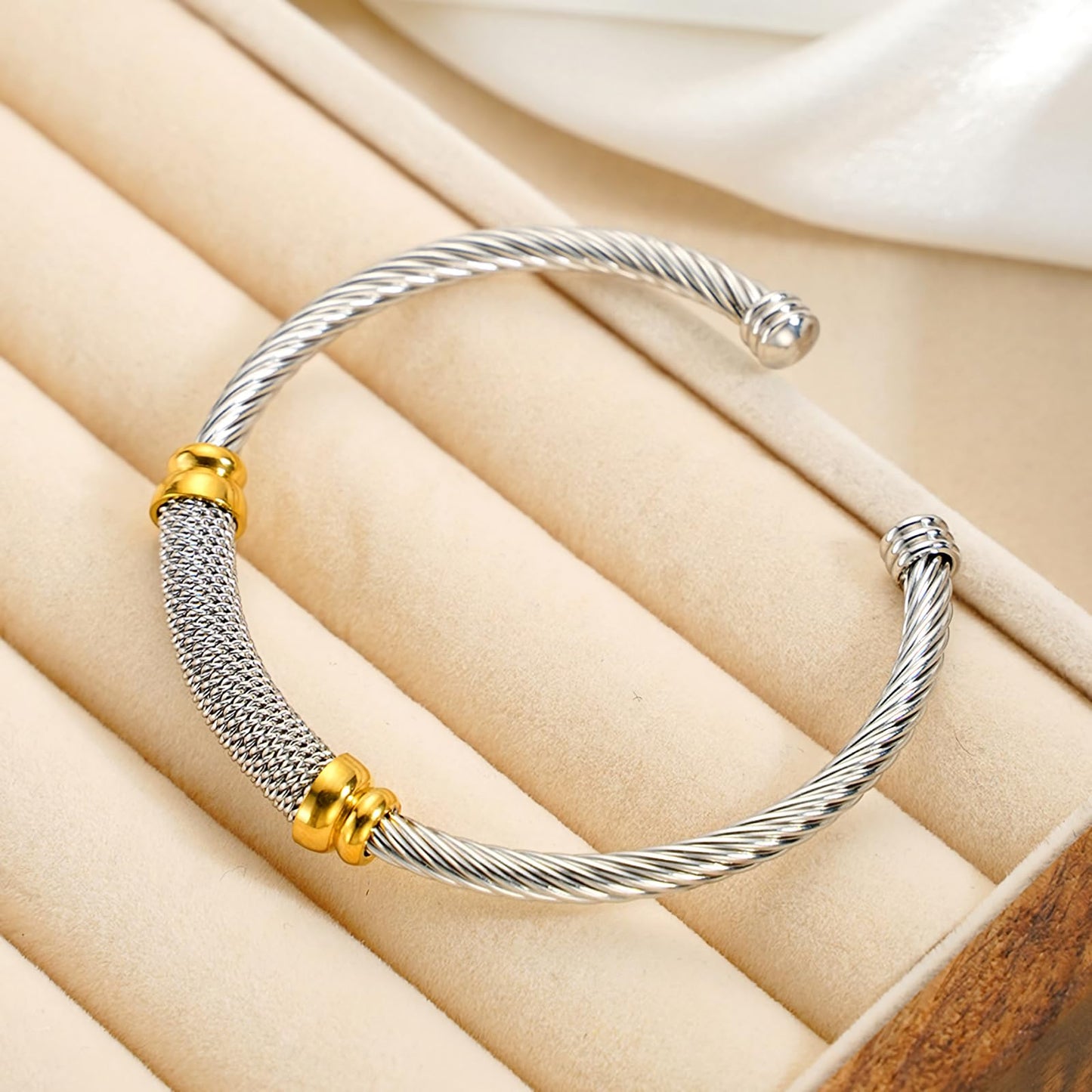 MENGSHA Punk Silver & Gold Twisted Cable Cuff Bracelet for Men/Women Durable Stainless Steel Chunky Bangle Bracelet Adjustable Opening,Daily Wear & Outdoor Adventure Unisex Jewelry Gift for Him/Her