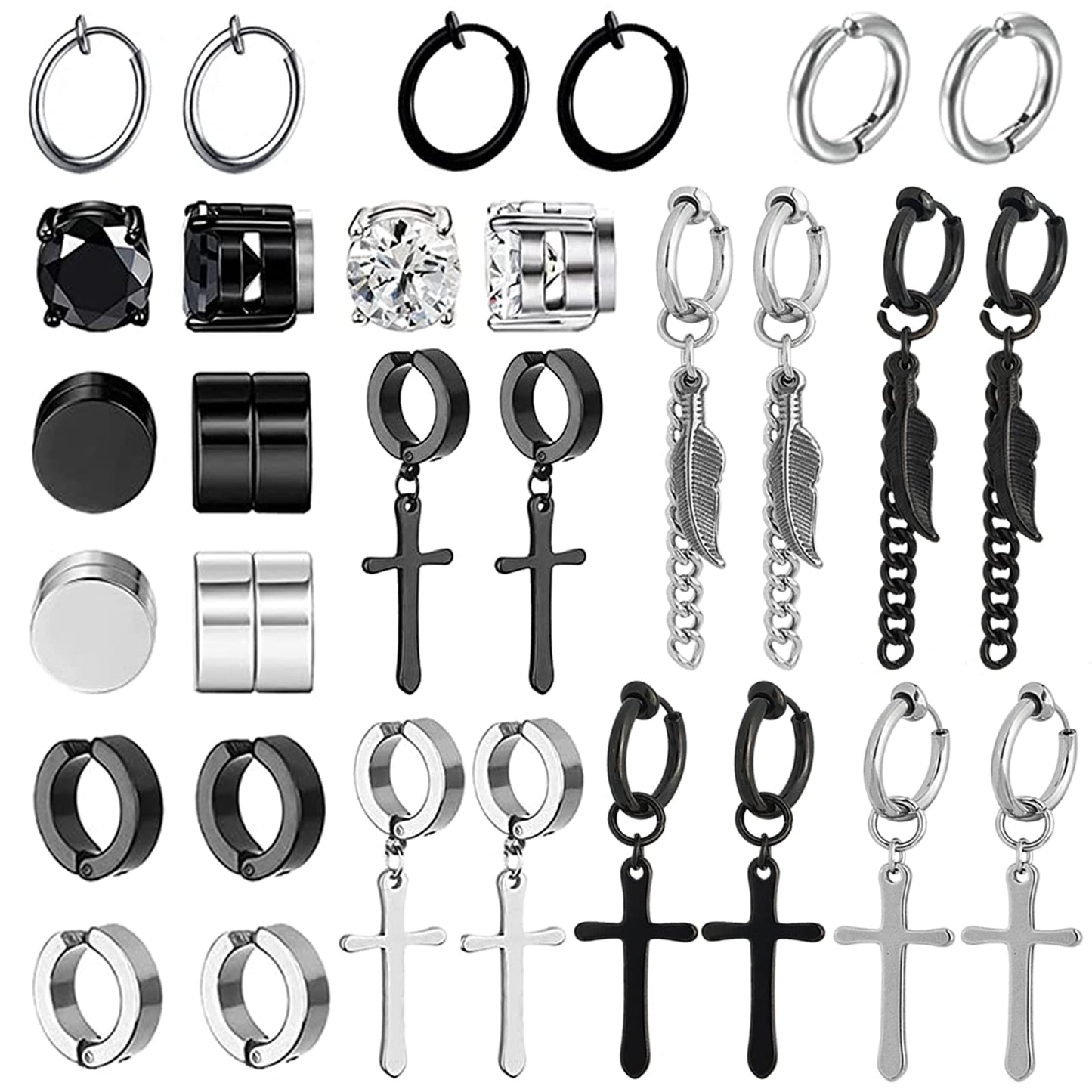 NEWITIN 15 Pairs Magnetic Stud Earrings for Men Clip on Earrings Stainless Steel Magnet Earring Unisex Dangle Cross CZ Hoop Magnetic Stud Earring Set for Men Women