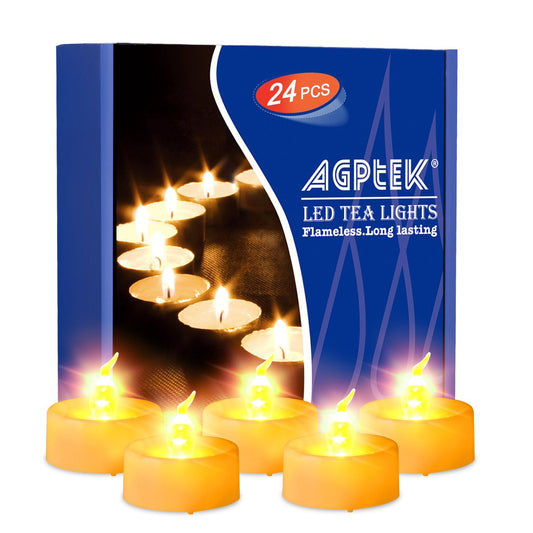 AGPTEK Timer Function, Pack of 24 Flameless LED Candles, Includes CR2032 and Battery Replaceable, Warm Yellow, Pack of 24 Flickering Warm White