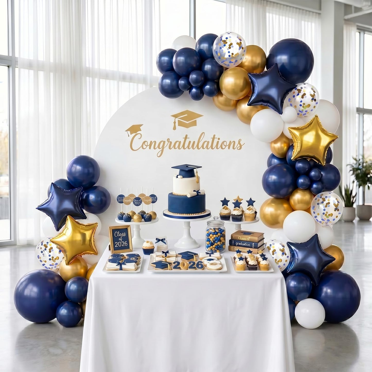 RUBFAC 176pcs Navy Blue Gold Balloons Arch Kit, Navy Blue Balloon Garland Metallic Gold White Confetti Balloon Foil Balloons for Baby Shower Birthday Party Wedding Anniversary Graduation Decoration