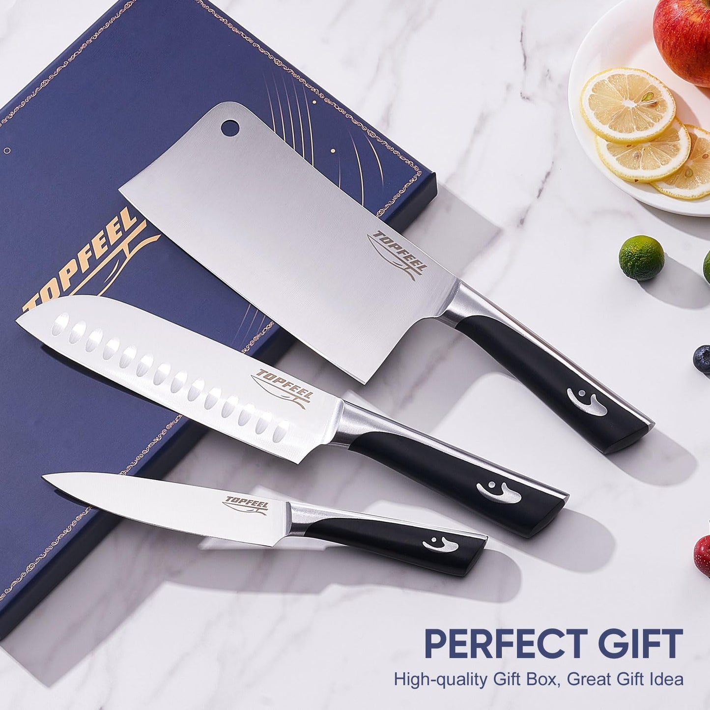 Topfeel Butcher Knife Meat Cleaver Set 3Pcs-7" Heavy Duty Bone Chopper& 7" Santoku Knife& 5" Utility Knife, German Stainless Steel Chef Knives Set for Kitchen Home Gift
