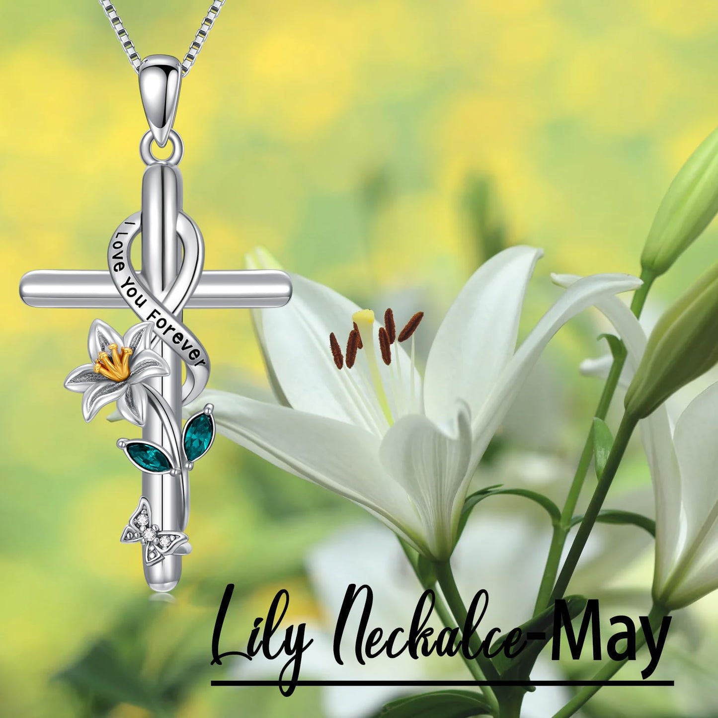 Flpruy Lily Necklace 925 Sterling Silver May Birth Flower Pendant Necklace Birth Month Flower Pendant Cross Necklace Birthday Jewelry Gifts for Women Her Mom