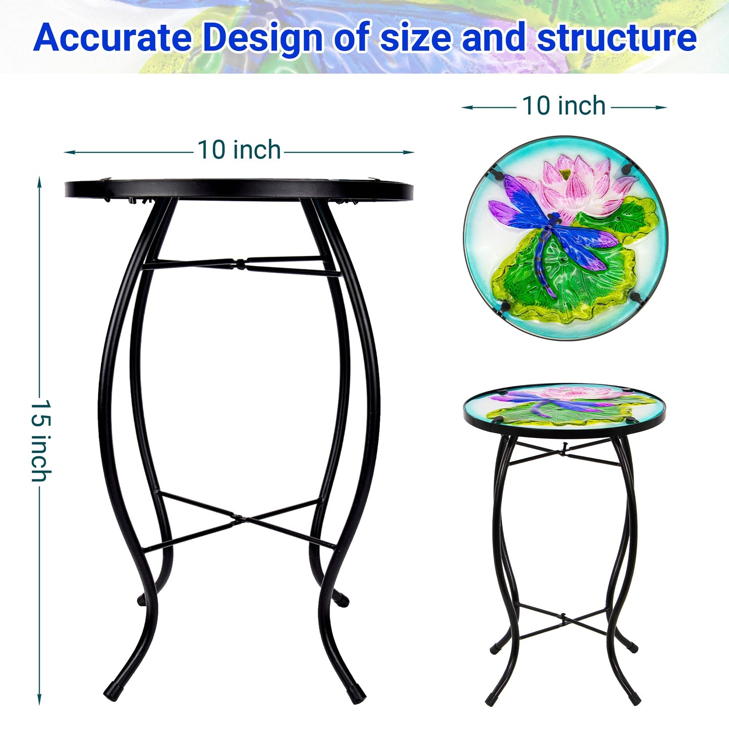 Weibefee Lotus-Leaf Dragonfly Small Patio Table,Outdoor Side Bar Table, 10 Inch Metal Glass End Table for Porch Garden Yard Pool Living Room Mother's Day Decor, Mother's Day Decoration Gift