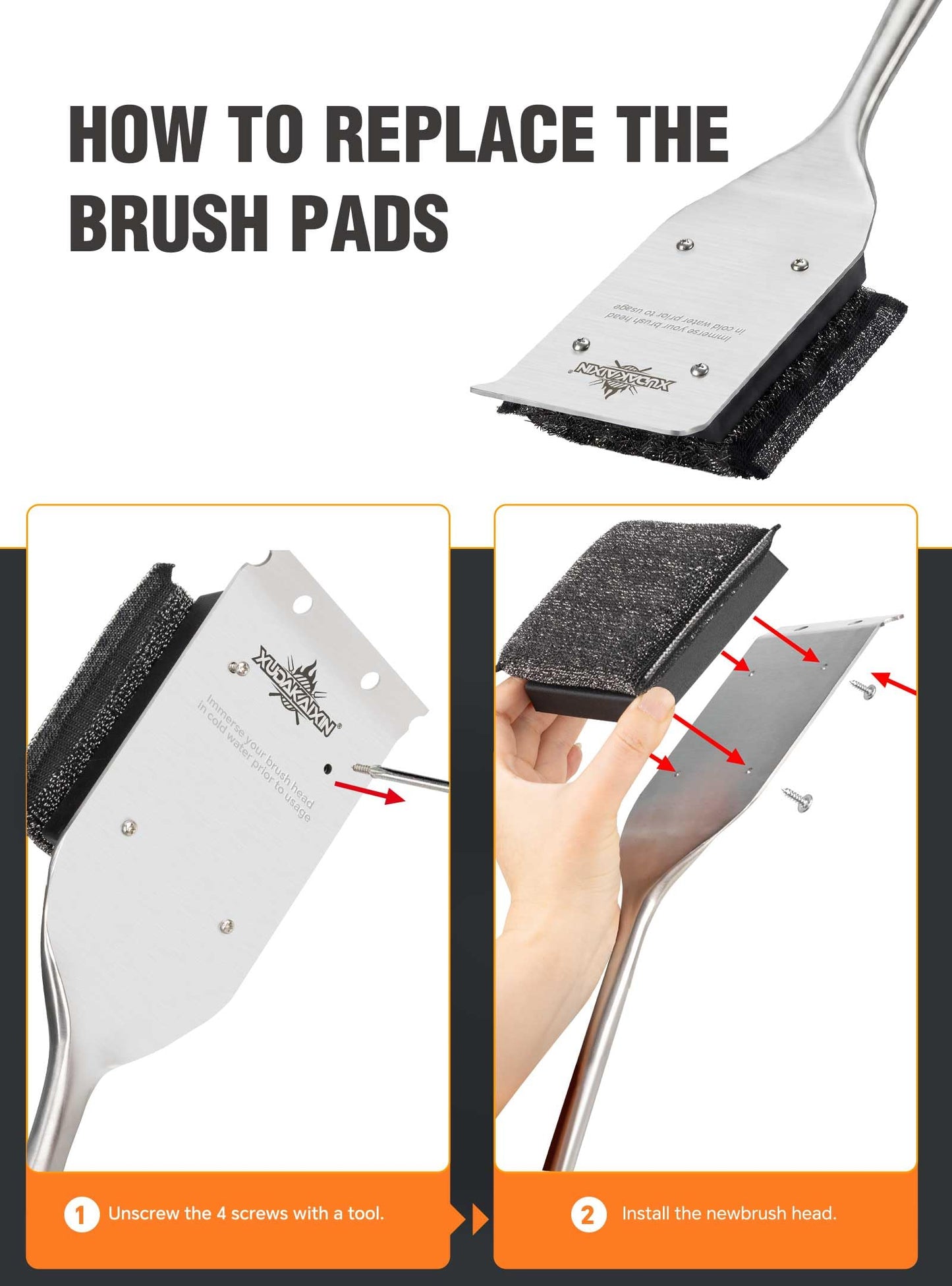 XUDKAKAIXIN Grill Brush Bristle Free,with 1 Replacement Head,Unique Steel Fibers Pad [Safe & Efficient] Perfect for Cast Iron/Stainless-Steel Grates-,Grill Cleaner for Outdoor Gril,Gifts for Men/Dad