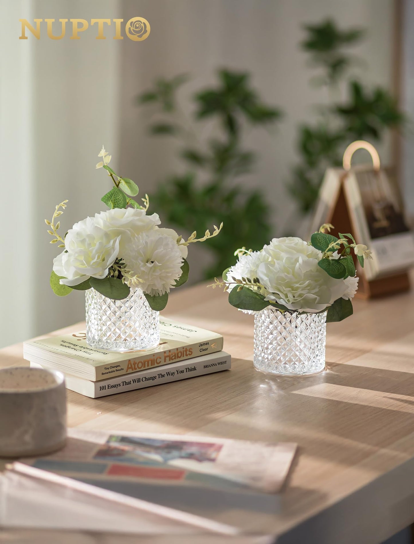 NUPTIO Small Fake Flower in Vase: 6 Pcs Silk Artificial Flowers with Clear Glass Vases for Living Room Bathroom Office Decor - Faux Rose Mums Floral Arrangements Wedding Dining Table Centerpiece
