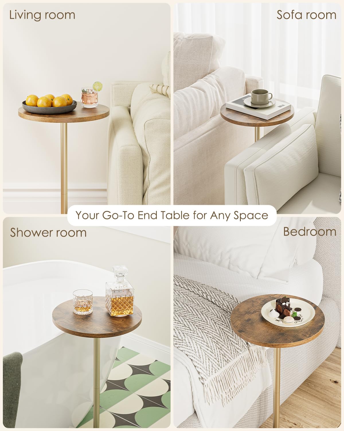 Masupu Drink Table, Round Side Table for Small Spaces, Pedestal Small End Table with Metal Base, for Living Room, Bedroom, Bathroom, Rustic Brown
