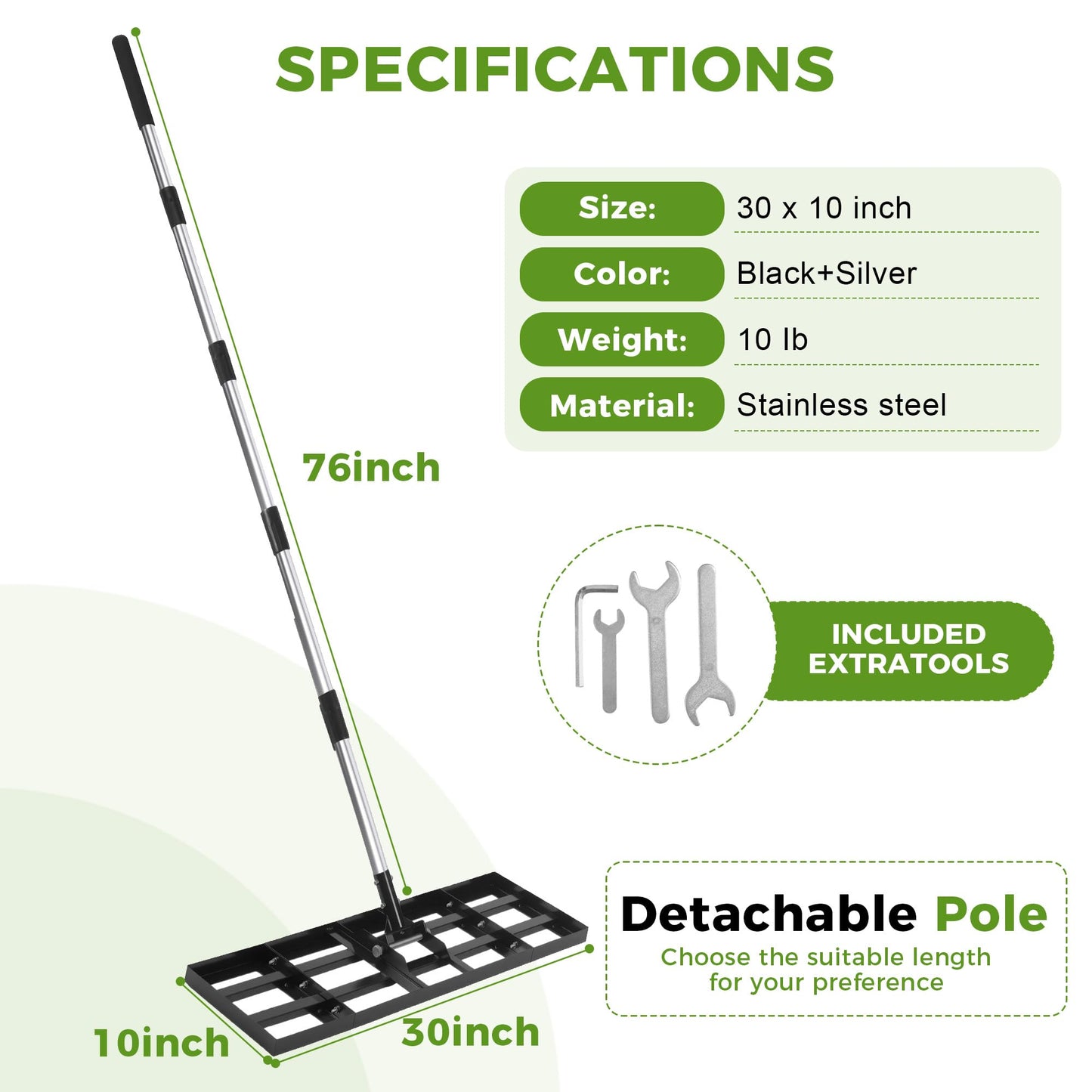 Lawn Leveling Rake, 30"x10" Stainless Steel Lawn Leveler with 76" Adjustable Handle, Heavy-Duty Yard Leveling Rake for Garden, Golf Course, Farm, Pasture, Professional Lawn Care Tool