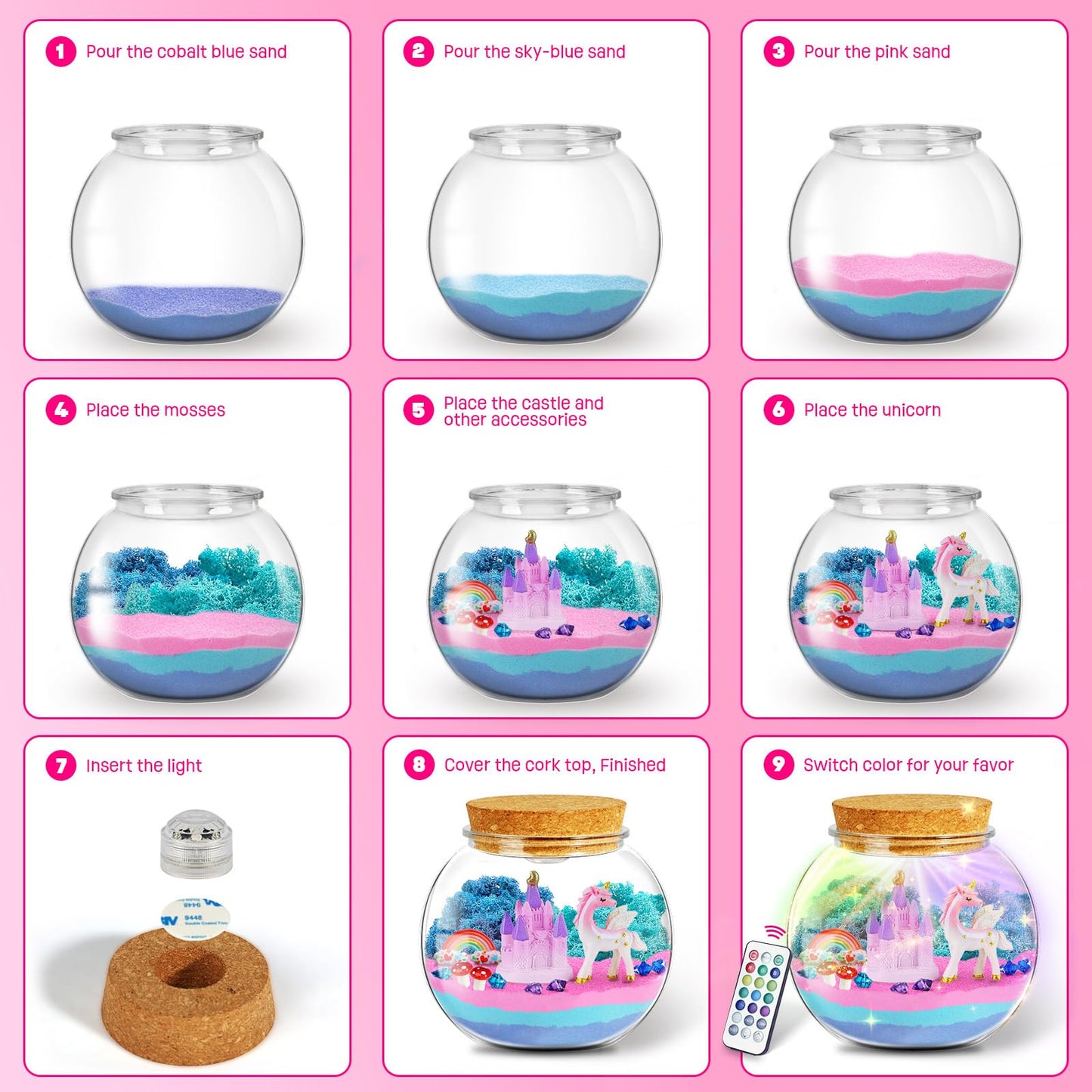 LAOESE Unicorn Light-Up Terrarium Kit for Kids – LED Night Light DIY Arts and Crafts Kit, Unicorn Toys for Girls Ages 4 5 6 7 8-12 – Birthday Gifts for Girls