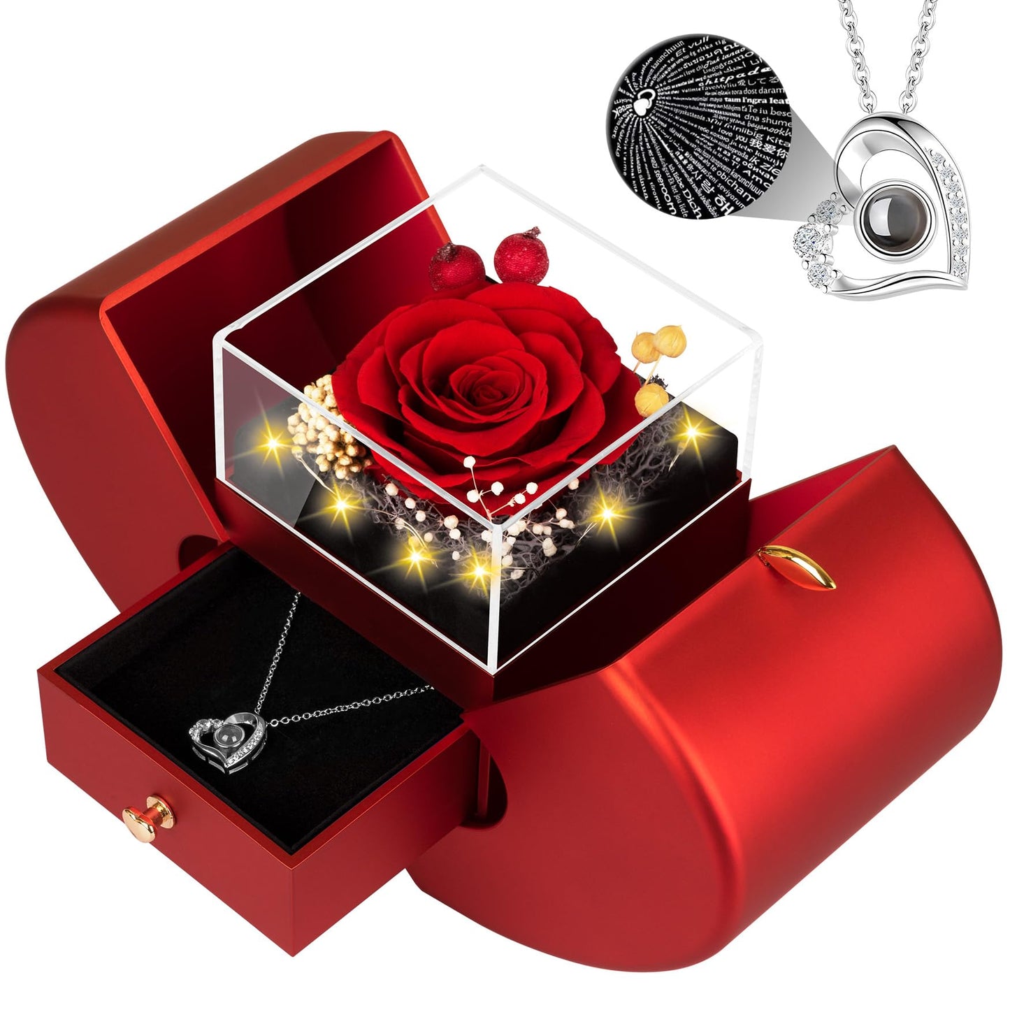 Lebana Preserved Red Real Rose with I Love You Necklace, Mothers Day Gifts for Mom Women Her Wife Girlfriend Grandma Birthday Mothers Day Valentines Christmas Anniversary Romantic-Red