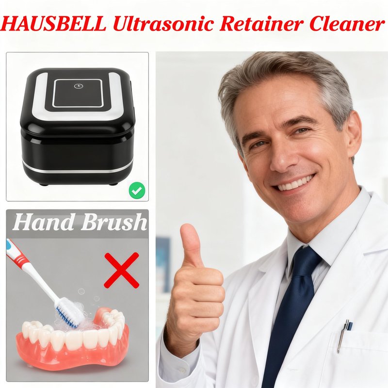 HAUSBELL Dental Pod: Ultrasonic Retainer Cleaner, Denture Cleaner Machine with 8 Cleaner Tablets, Aligner Cleaner, Nightguard Cleaner, Mouthguard Cleaner, Ultrasonic Cleaner with Noise-Reduction Lid