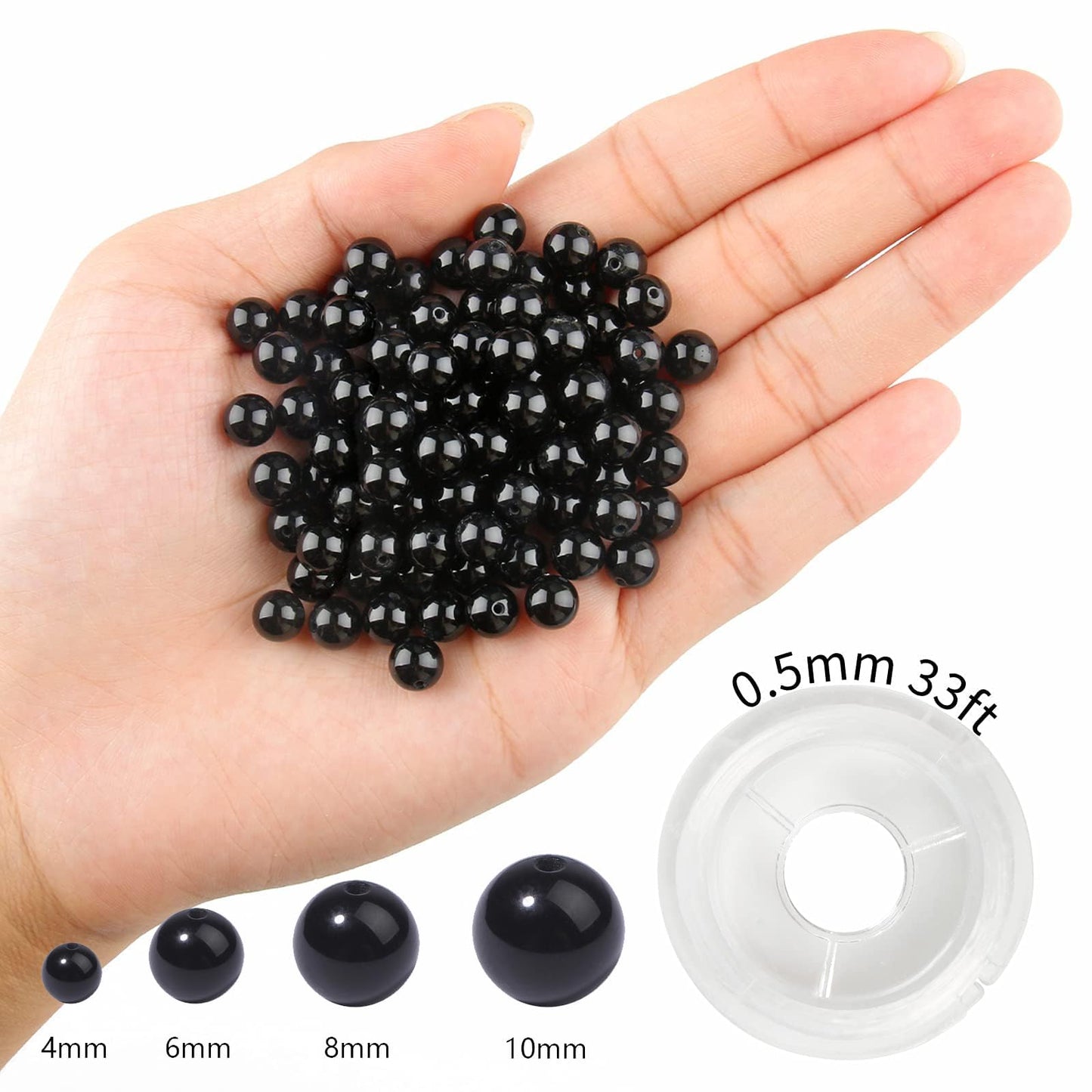 NITOPUPU 100Pcs 10mm Natural Smooth Black Agate Beads Round Loose Gemstone Stone Beads for Jewerly Making with Crystal Stretch Cord