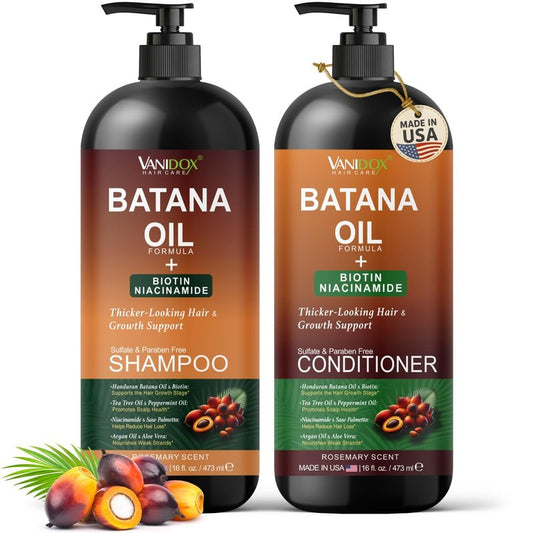 VANIDOX Batana Oil Shampoo and Conditioner Set – Biotin & Niacinamide Infused – Sulfate-Free, Paraben-Free – Moisturizing & Strengthening Hair Care for All Hair Types – 2 x 16 fl oz