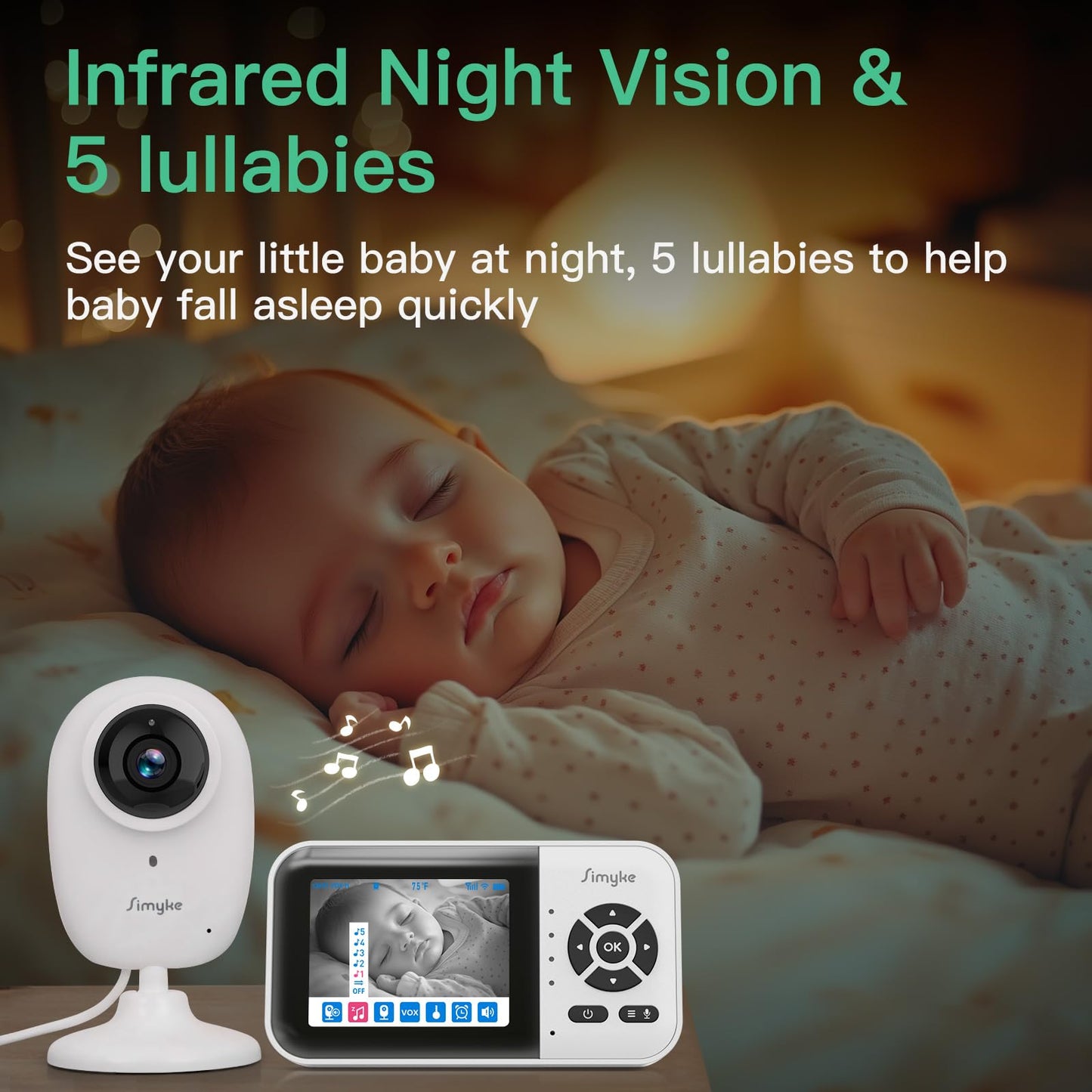 Simyke Smart Video Baby Monitor with Camera and Audio,Dual Mode,WiFi On/Off Switch,2.8inch Display,App,1080p Camera,1500ft Long Range,Night Vision,2-Way Talk,AI Baby Growth Album Function