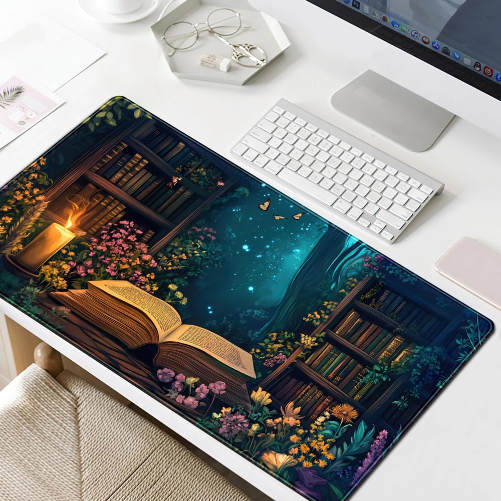 Gothic Desk Mat Gaming Desk Pad Blue Forest Large Mouse Pad, Mysterious Library Mouse Mat XXL Laptop Keyboard Pad, Vintage Gamer Mouse Pad Full Mousepads for School Office Home 31.5"x15.7"
