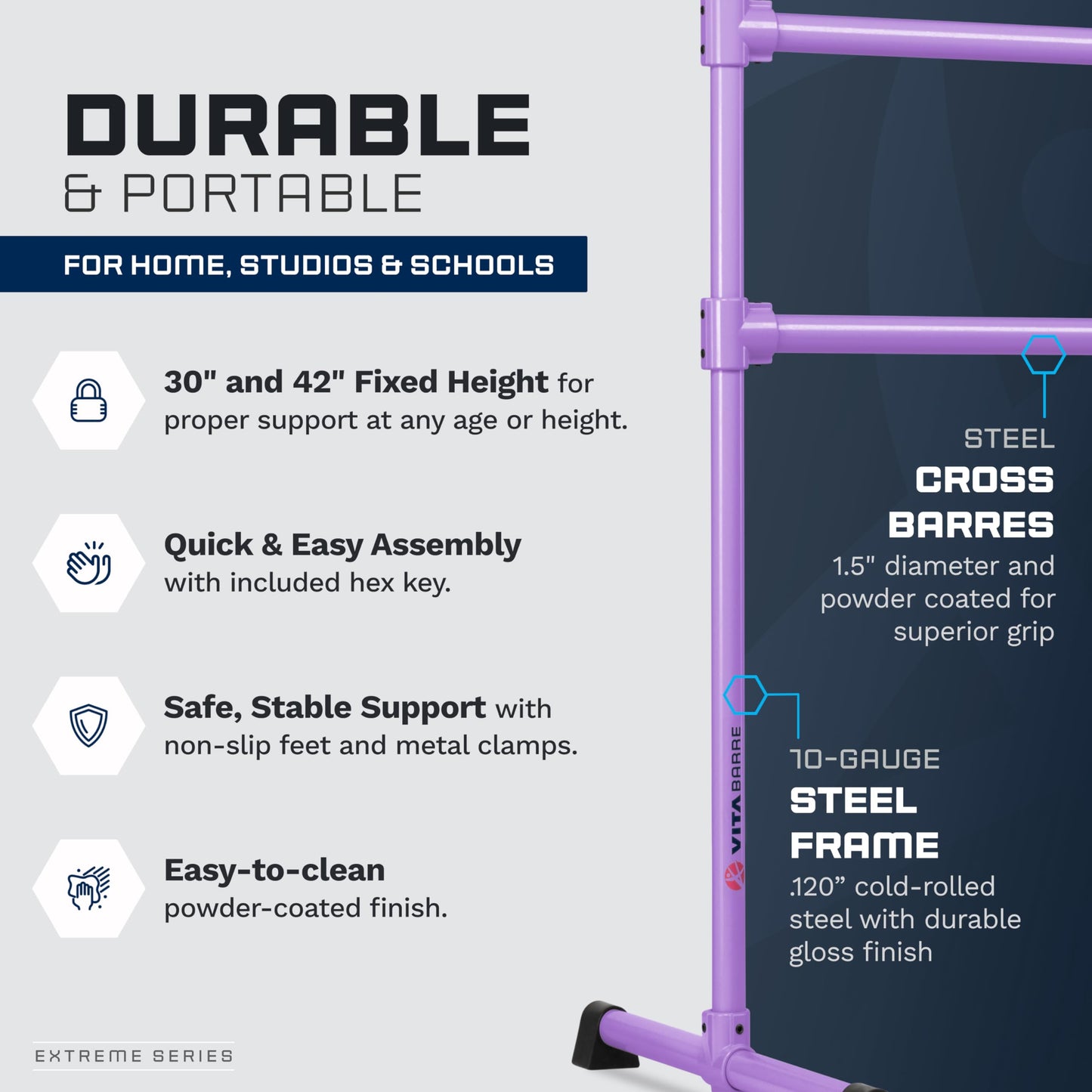 VITA Barre Portable Freestanding Double Ballet Barre, Extreme, 5 Ft Bars, Purple, Steel | Fixed Height, Made in USA, Home or Gym Exercise Equipment for Kids & Adults | Dance, Fitness, Pilates