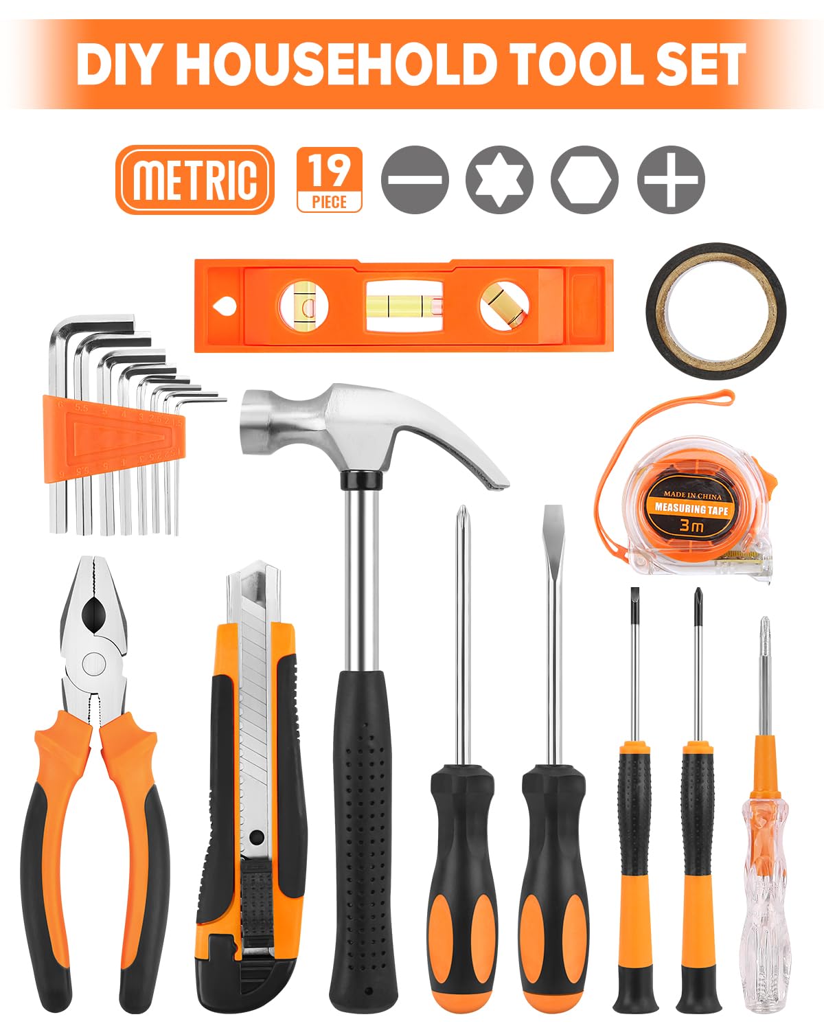 19pcs Household DIY Tool Set, Basic Tools for Home, Office, Dorm, General Hand Kit with Storage Case