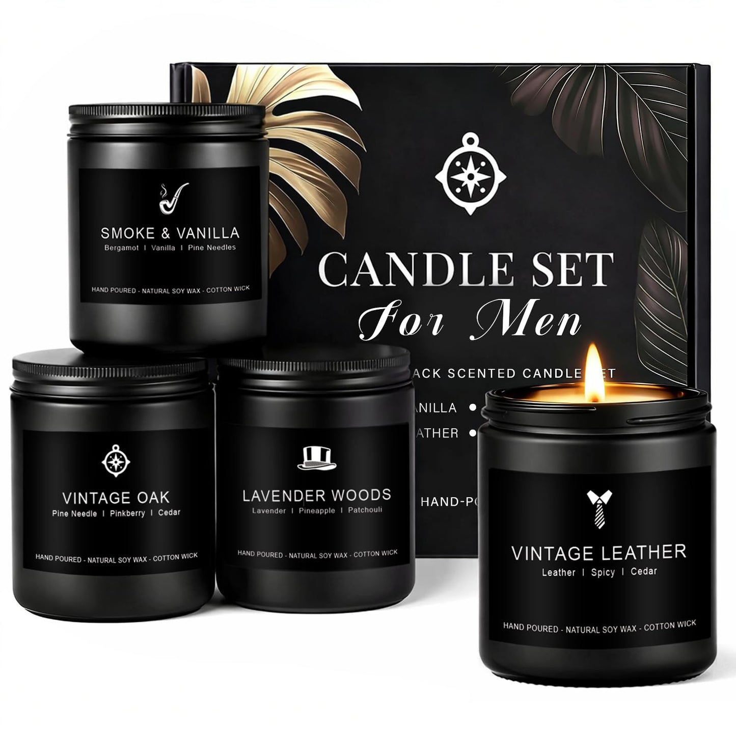 Candles for Men Gift Set, 4 Pack Masculine Scented Soy Candles for Men, Leather, Smoke, Oak & Lavender Scents, Aromatherapy Candle Gift Set for Dad, Husband, Boyfriend, Birthday & Father’s Day Gifts