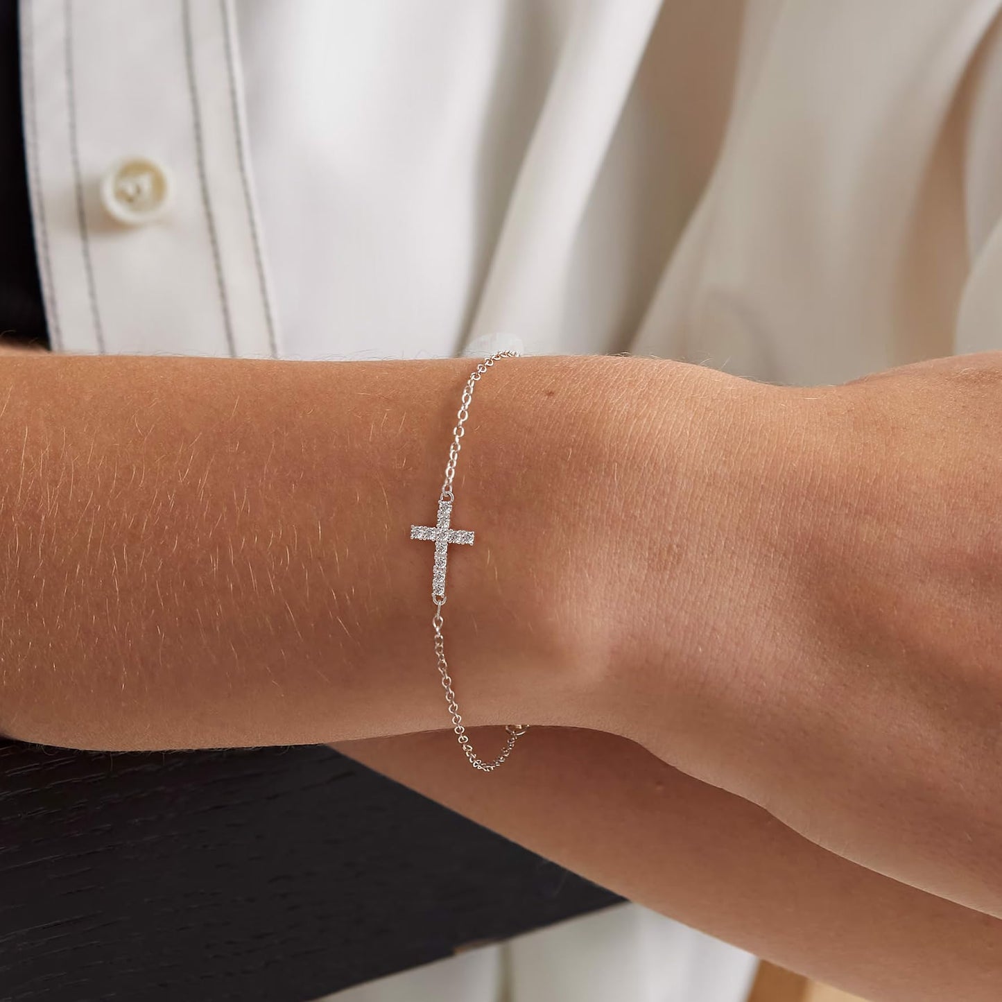 Tewiky Cross Bracelet for Women Dainty 14k Gold Plated Cubic Zirconia Cute Tiny Bracelet Confirmation Gifts for Women
