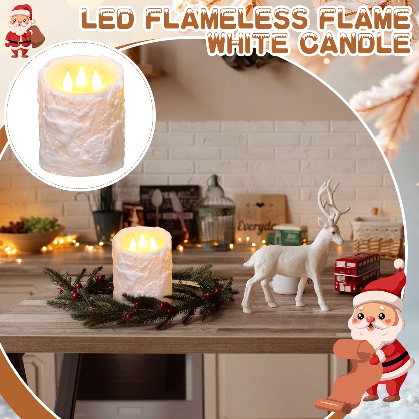 Baquler Large Flameless LED Battery Operated Pillar Candle - 3 Wick 5"x4"" Snowy Frosted White Flameless Christmas Fake Candle for Xmas Table Centerpiece Holiday Rustic Indoor Home Decor"