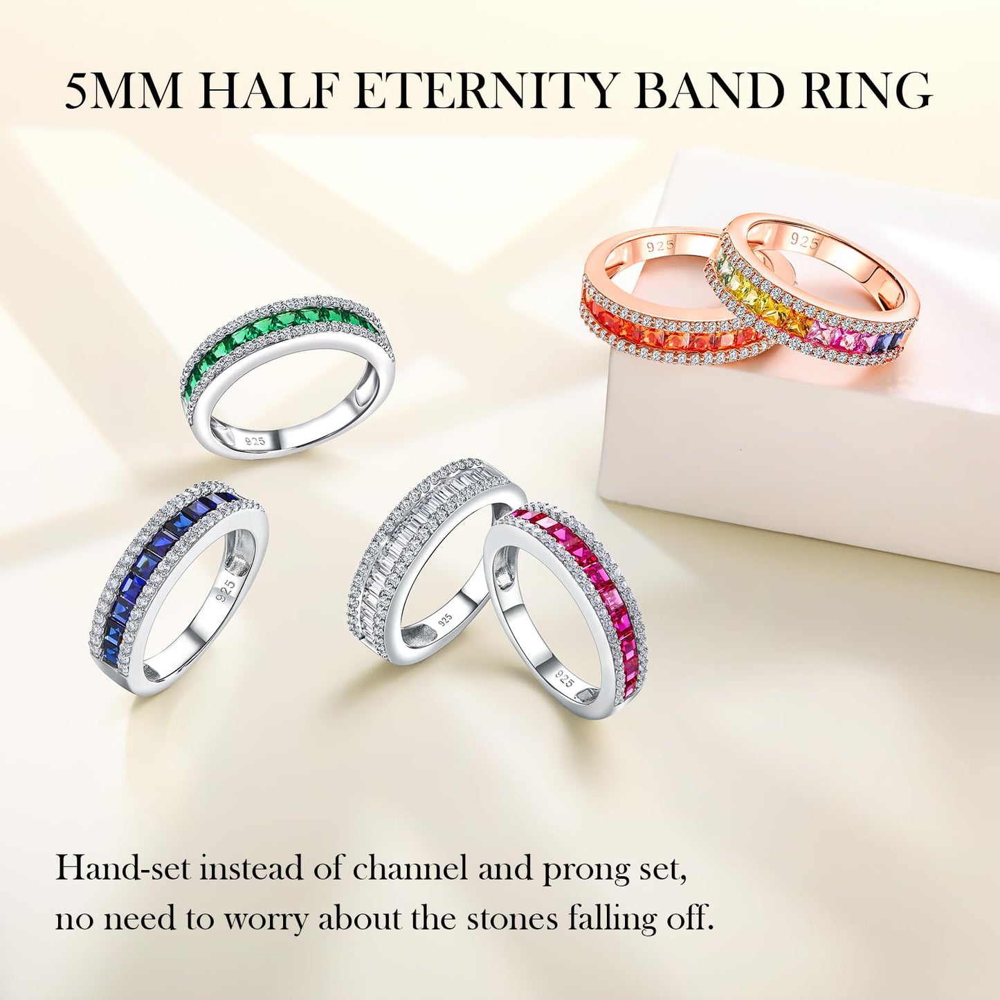 RANDES Blue Sapphire Eternity Rings for Women Men Wedding Bands 925 Sterling Silver Princess Cut Channel Set Ring Size 7.5