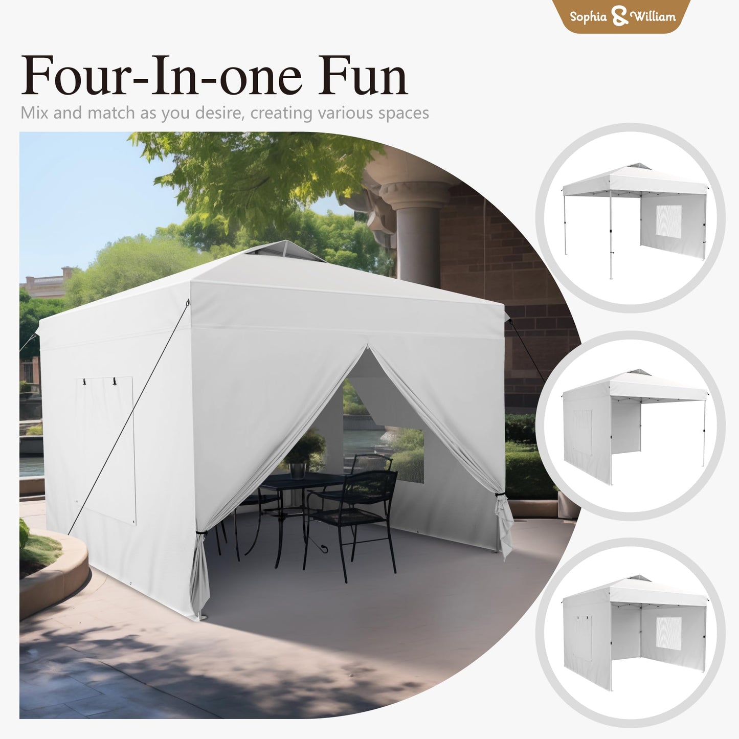 Sophia & William Canopy Tent Pop Up 10x10 ft One Person Push Set Up Canopies with 4 Sidewalls, Outdoor Shelter Heavy Duty Straight Legs with 4 Sandbags & 1 Roller Bag, 8 Stakes & 4 Guy Ropes, UPF50+