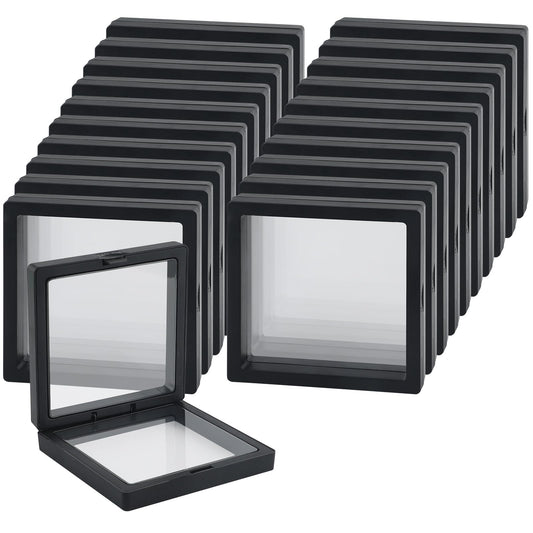 20 Pcs Black 3D Floating Display Case 3.5 x3.5X 0.8 inch, Challenge Coin Display,Transparent PE Jewelry Storage Box, Floating Display Holder Stands for Antique Challenge Coins, Medallion, Stamps