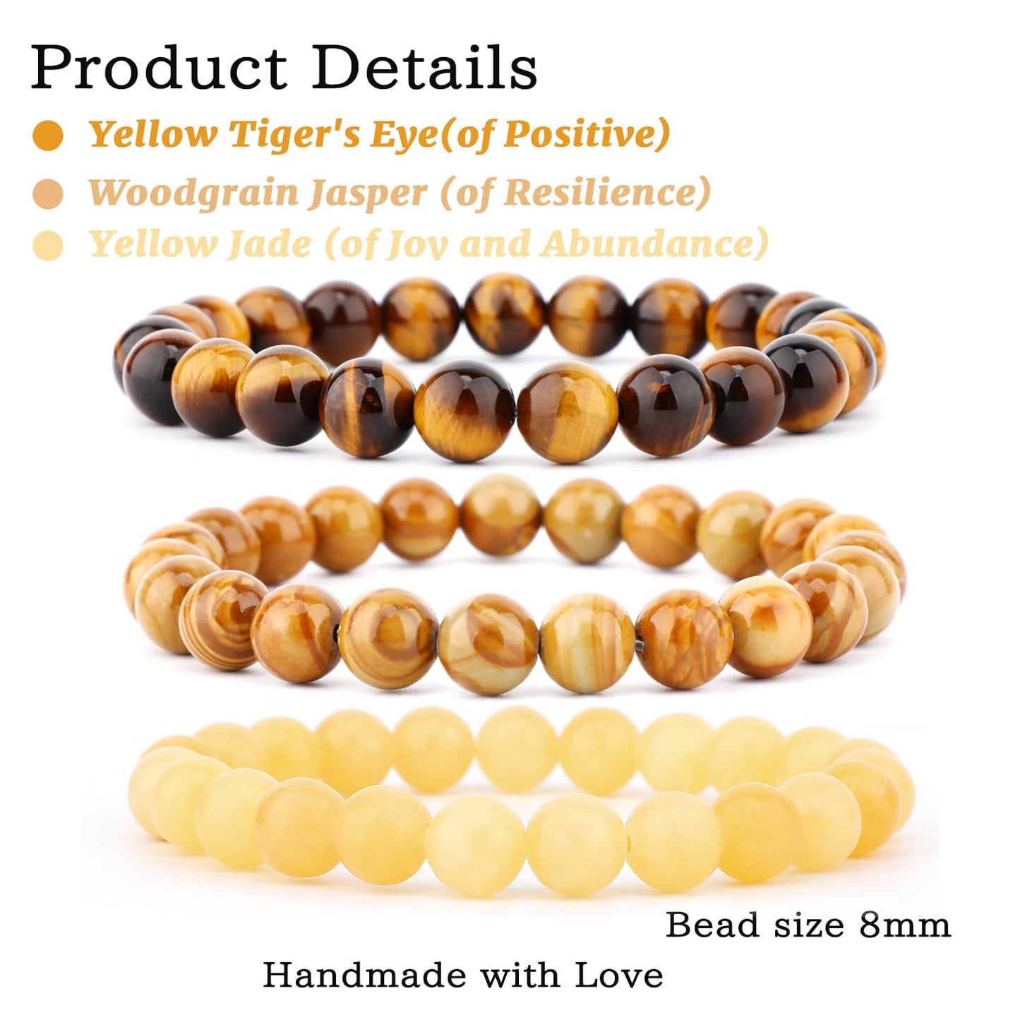 NCB 3-Piece 8mm Natural Crystal Gemstone Stretch Bracelets – ﻿Woodgrain Jasper, Yellow Jade, Yellow Tiger's Eye Handmade Reiki Energy Healing Jewelry for Meditation,Yoga, Unisex