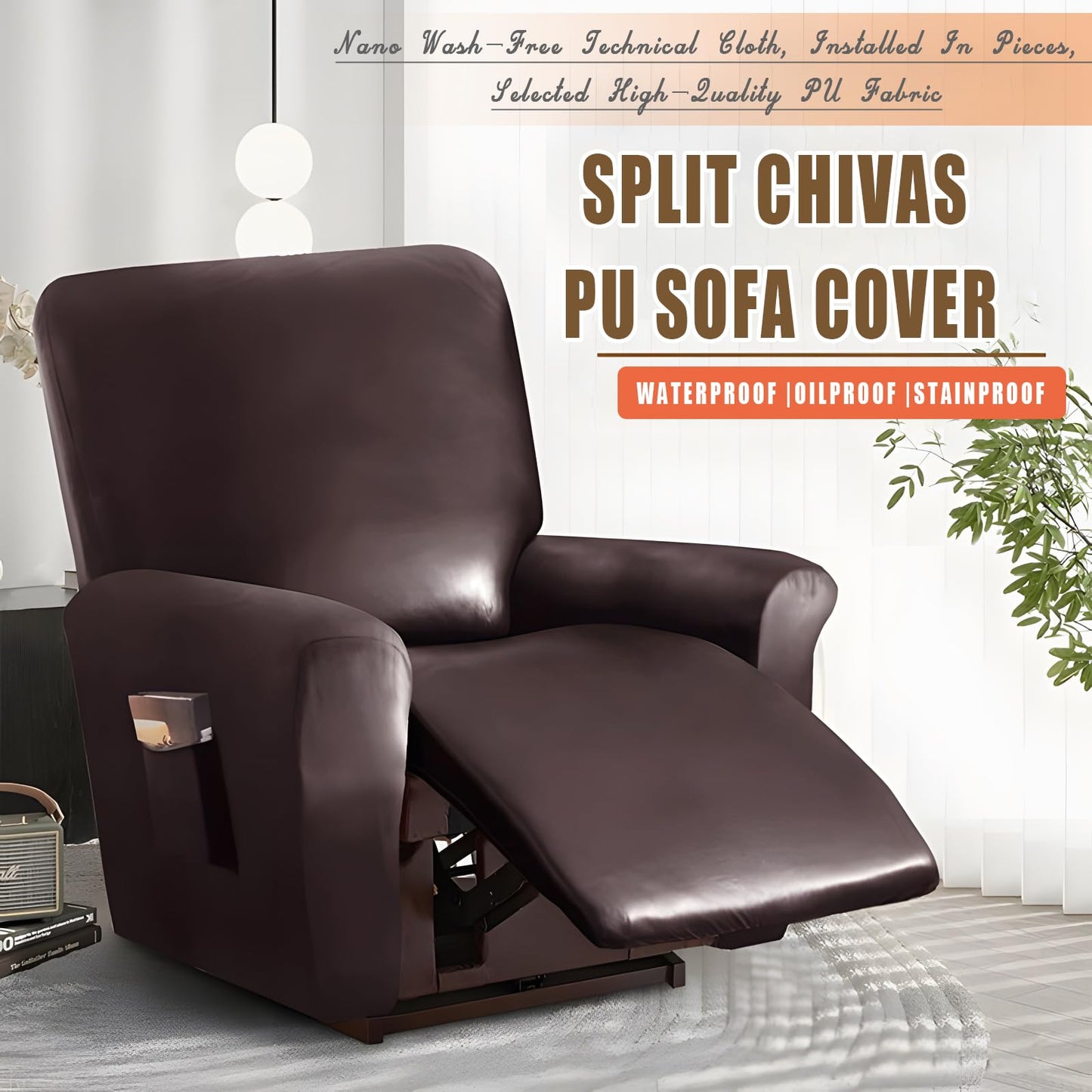 JOKIVTOU 1/2/3 Seats PU Leather Stretch Recliner Cover Sofa Cover with Side Pockets Waterproof Slipcover Recliner Couch Cover Furniture Protector with Elastic Bottom Living Room