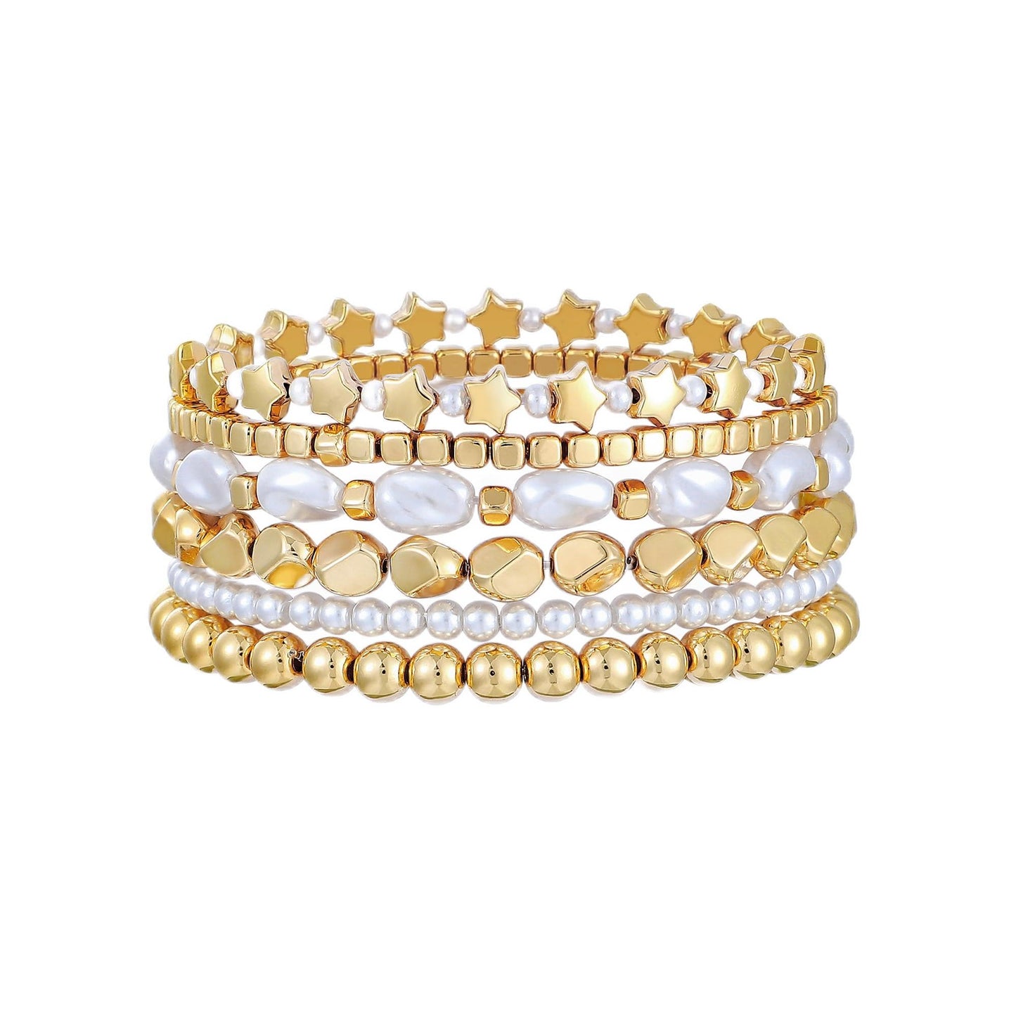 Sajidos Gold Plated Beaded Bracelets for Women Trendy, 14K Gold Plated Stack Cross Pearl Gold Plated Bead Stretch Bracelets Set Elastic Hypoallergenic Bracelets Jewelry Gifts (style11-star)